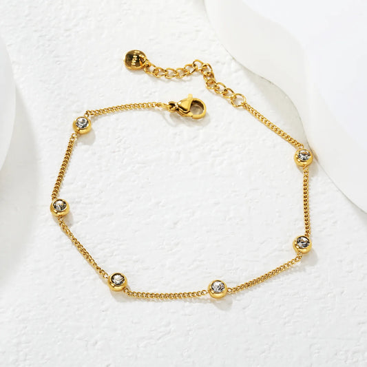 ✨ Wholesale Zircon Bracelet for Women | 7pcs 5mm White Zirconia Stones | Gold Plated Stainless Steel Chain 19+3cm | Minimalist Sparkle Jewelry