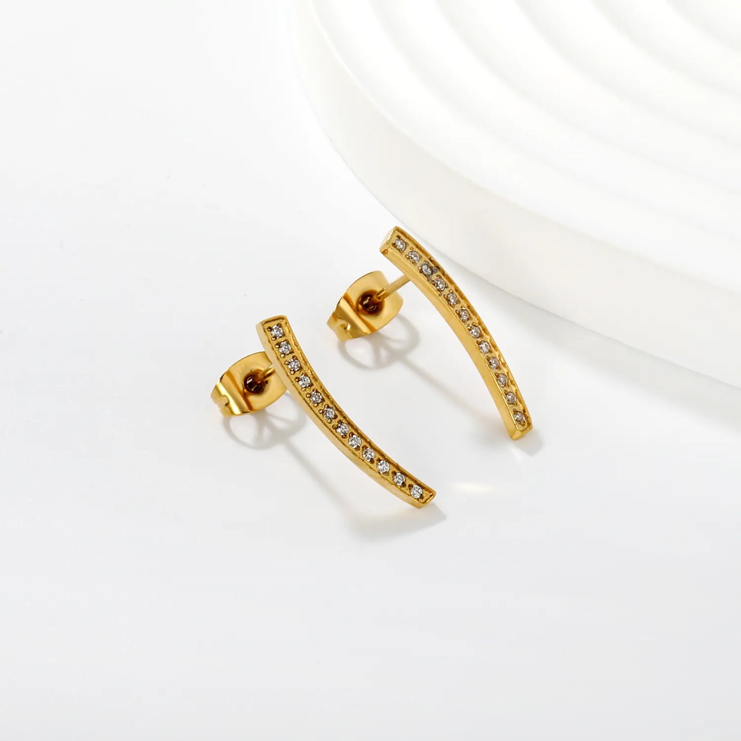 Wholesale 3.5x19.8mm Curved Bar Ear Studs | White Zirconia Arch Design | Gold Stainless Steel Earrings