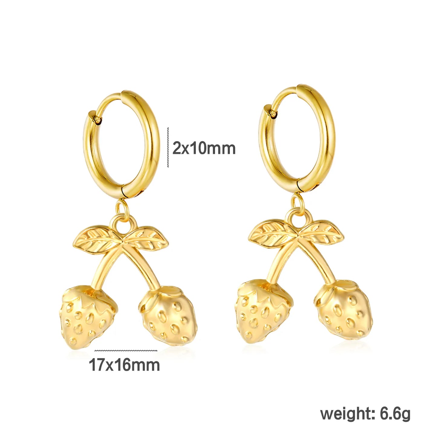 ✨🍓 Wholesale Strawberry Earrings for Women | 17x16mm Fruit Charm Dangle Earrings | Gold Plated Stainless Steel Inner Huggie Hoops | Cute Food Jewelry