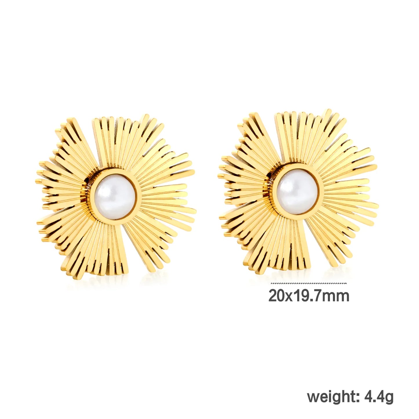 ✨☀️ Wholesale Gold Stainless Steel Sun Design Stud Earrings | 20x19.7mm Sunburst Pattern With Artificial Pearls, Hypoallergenic, Boho Chic Ear Jewelry Bulk