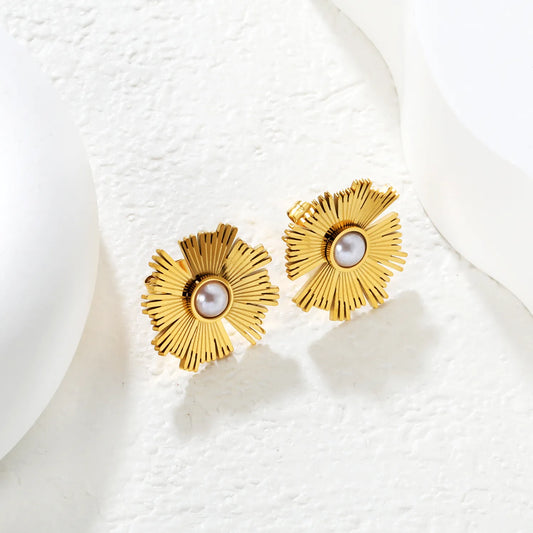 ✨☀️ Wholesale Gold Stainless Steel Sun Design Stud Earrings | 20x19.7mm Sunburst Pattern With Artificial Pearls, Hypoallergenic, Boho Chic Ear Jewelry Bulk