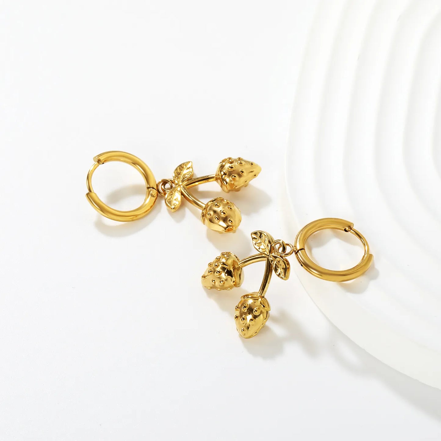 ✨🍓 Wholesale Strawberry Earrings for Women | 17x16mm Fruit Charm Dangle Earrings | Gold Plated Stainless Steel Inner Huggie Hoops | Cute Food Jewelry
