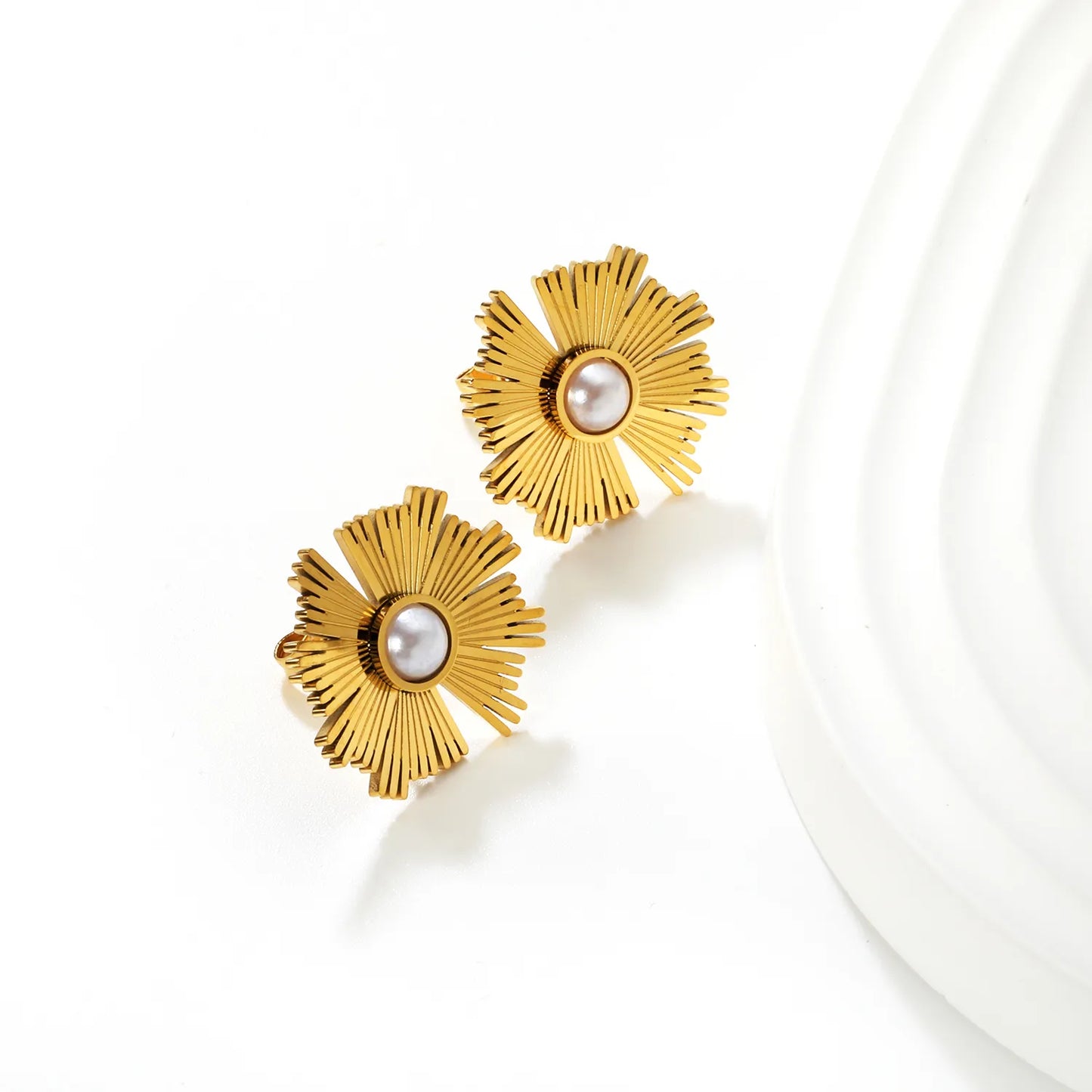 ✨☀️ Wholesale Gold Stainless Steel Sun Design Stud Earrings | 20x19.7mm Sunburst Pattern With Artificial Pearls, Hypoallergenic, Boho Chic Ear Jewelry Bulk