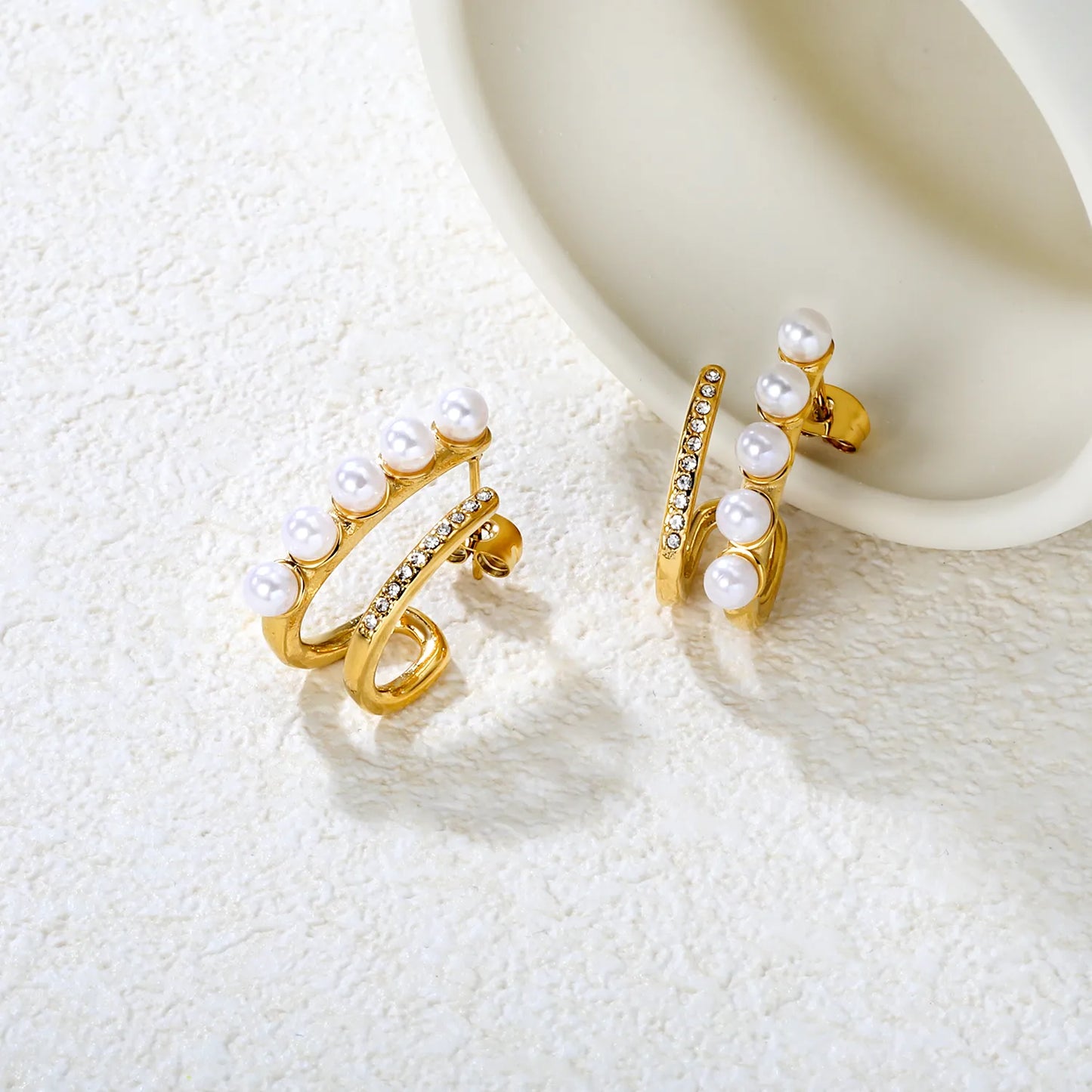 ✨ Wholesale 10.5x22mm J-Hoop Earrings with Zircon & Pearl | Gold Stainless Steel Dangle Earrings