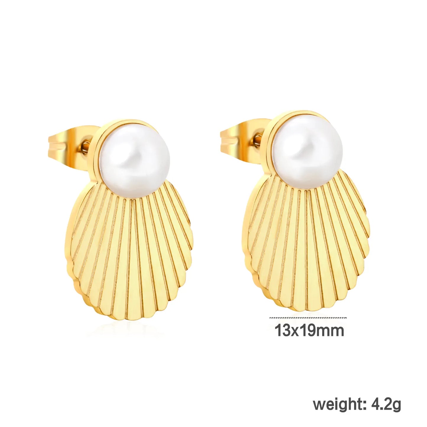 ✨ Wholesale Gold Shell Earrings with Pearl | 13x19mm Seashell Design, 10mm Simulated Pearl, Nautical Stud Earrings Bulk