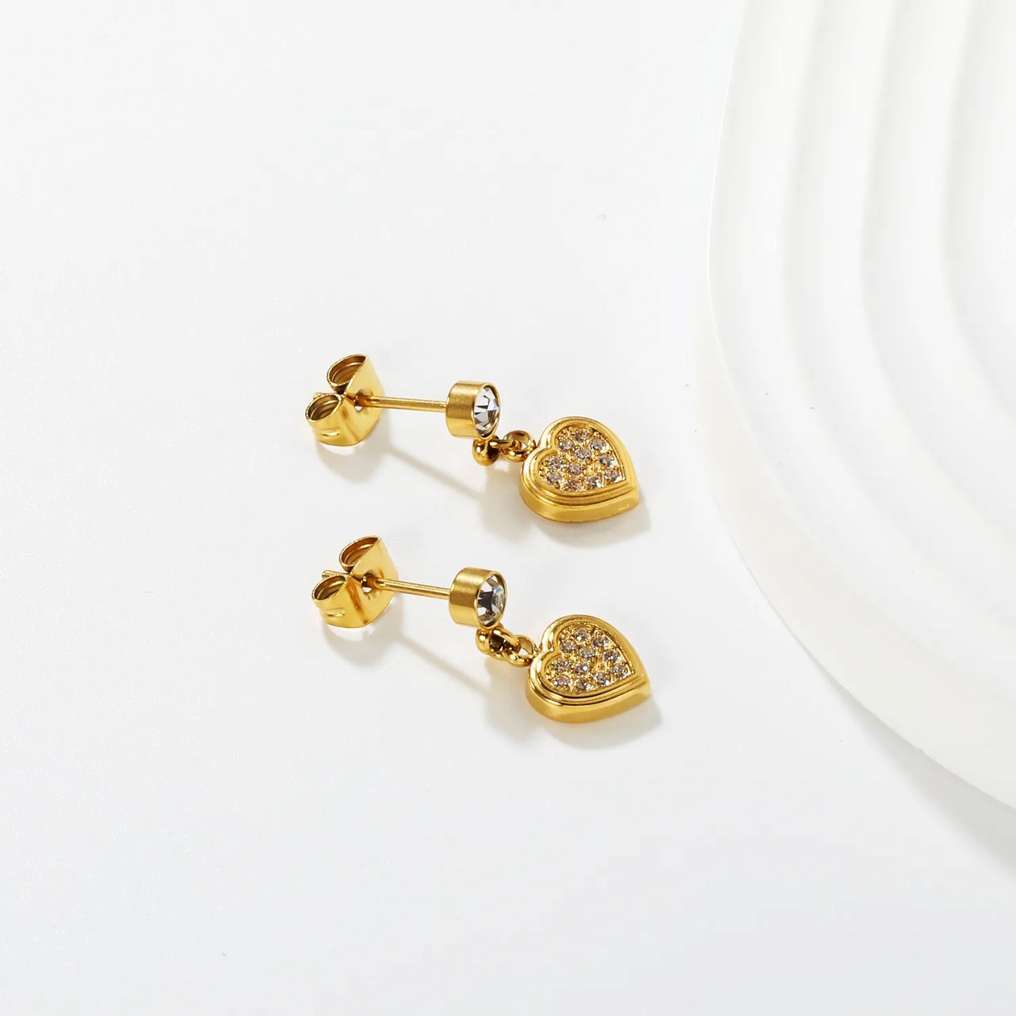 ✨ Wholesale Gold Heart Earrings with Zircon | 8mm Heart & 4mm Round Zircon, Romantic Stud Earrings Bulk