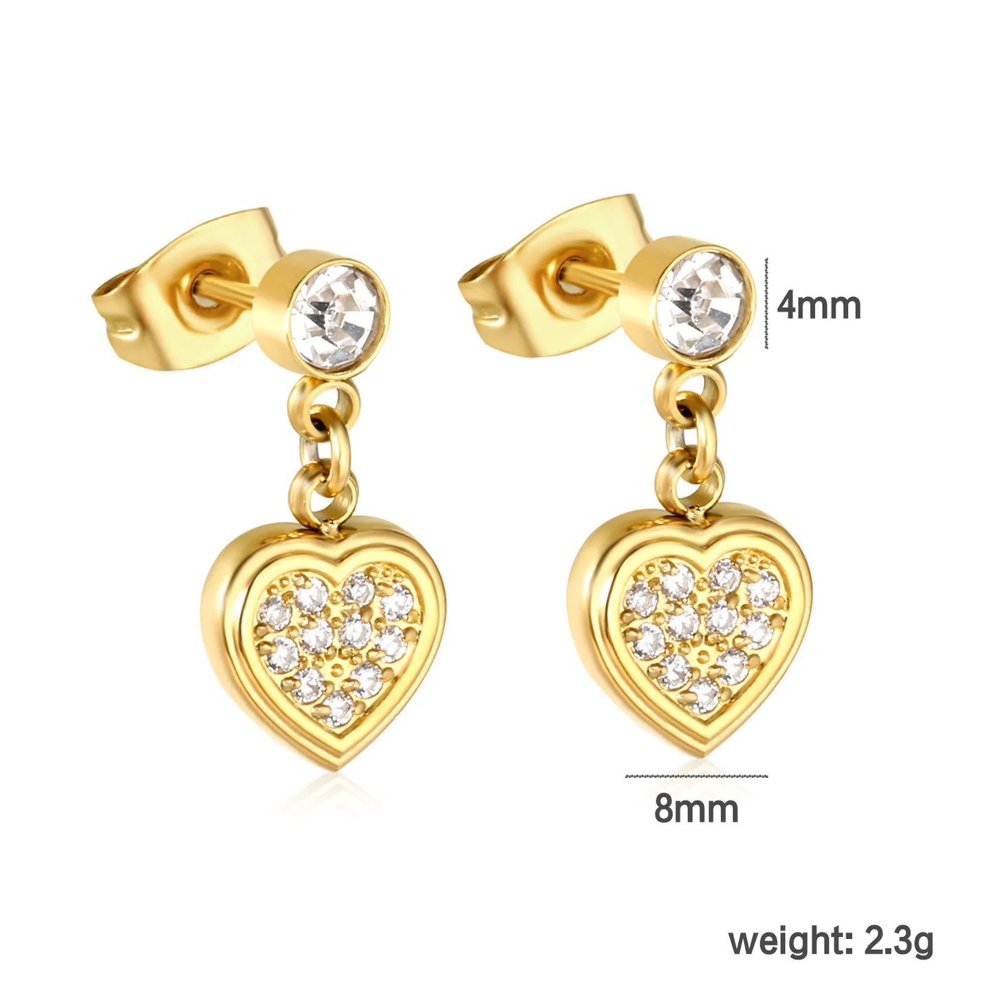 ✨ Wholesale Gold Heart Earrings with Zircon | 8mm Heart & 4mm Round Zircon, Romantic Stud Earrings Bulk