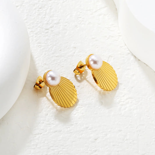 ✨ Wholesale Gold Shell Earrings with Pearl | 13x19mm Seashell Design, 10mm Simulated Pearl, Nautical Stud Earrings Bulk