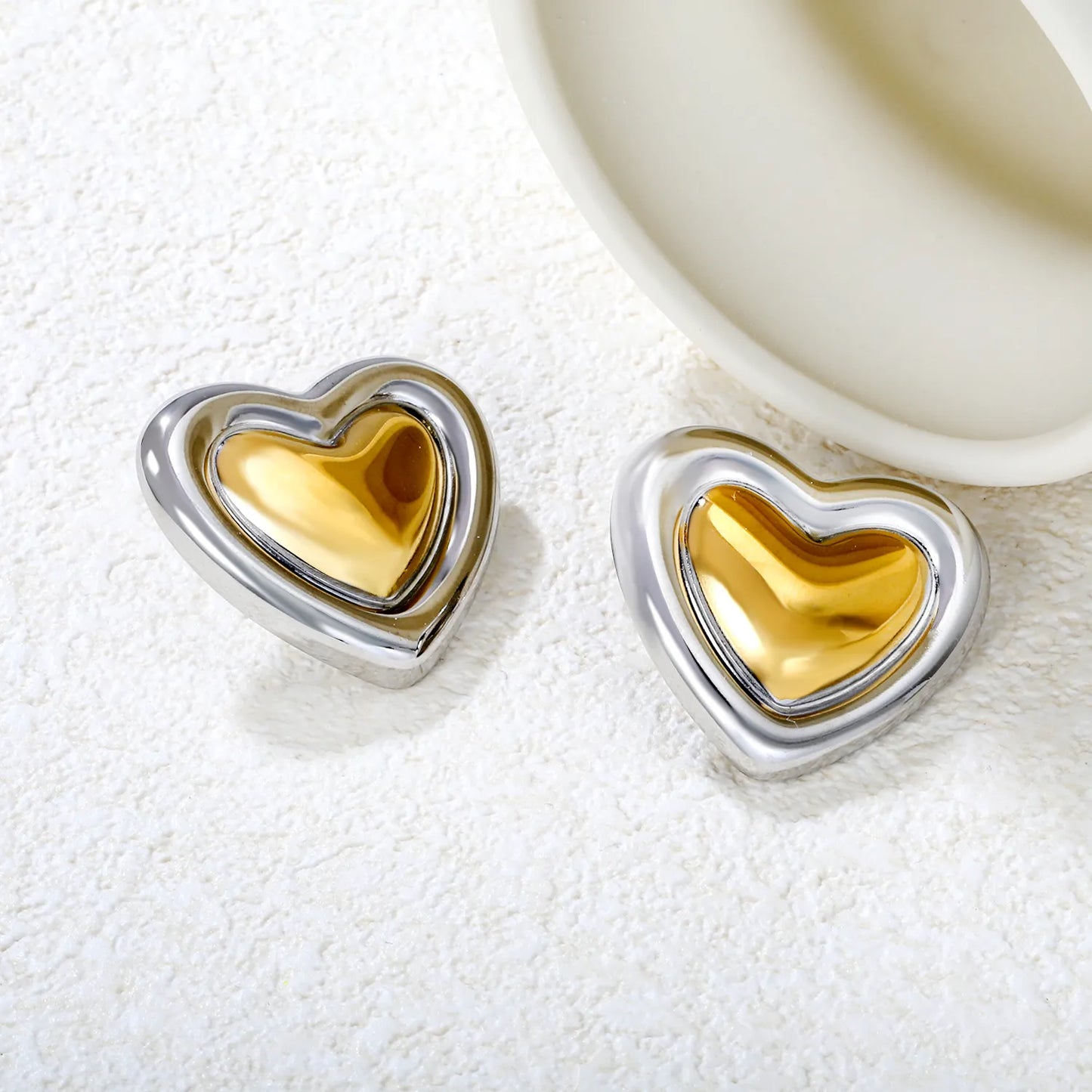 ✨ Wholesale Heart Shape Stud Earrings | 27x30.5mm Two-Tone Design | Gold Plated Stainless Steel | Romantic Gift Jewelry Bulk