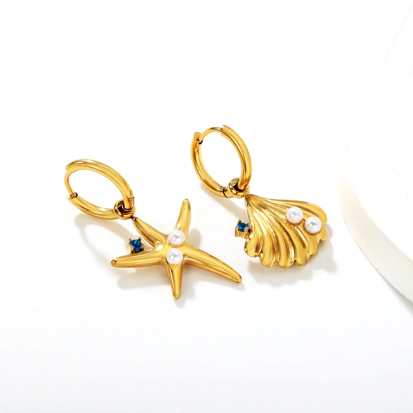 ✨🌊 Wholesale Gold Plated Shell and Starfish Earrings | 2.0*10mm Inner Huggie Hoops with Blue Zirconia & Pearl | Surgical Steel Fashion Jewelry