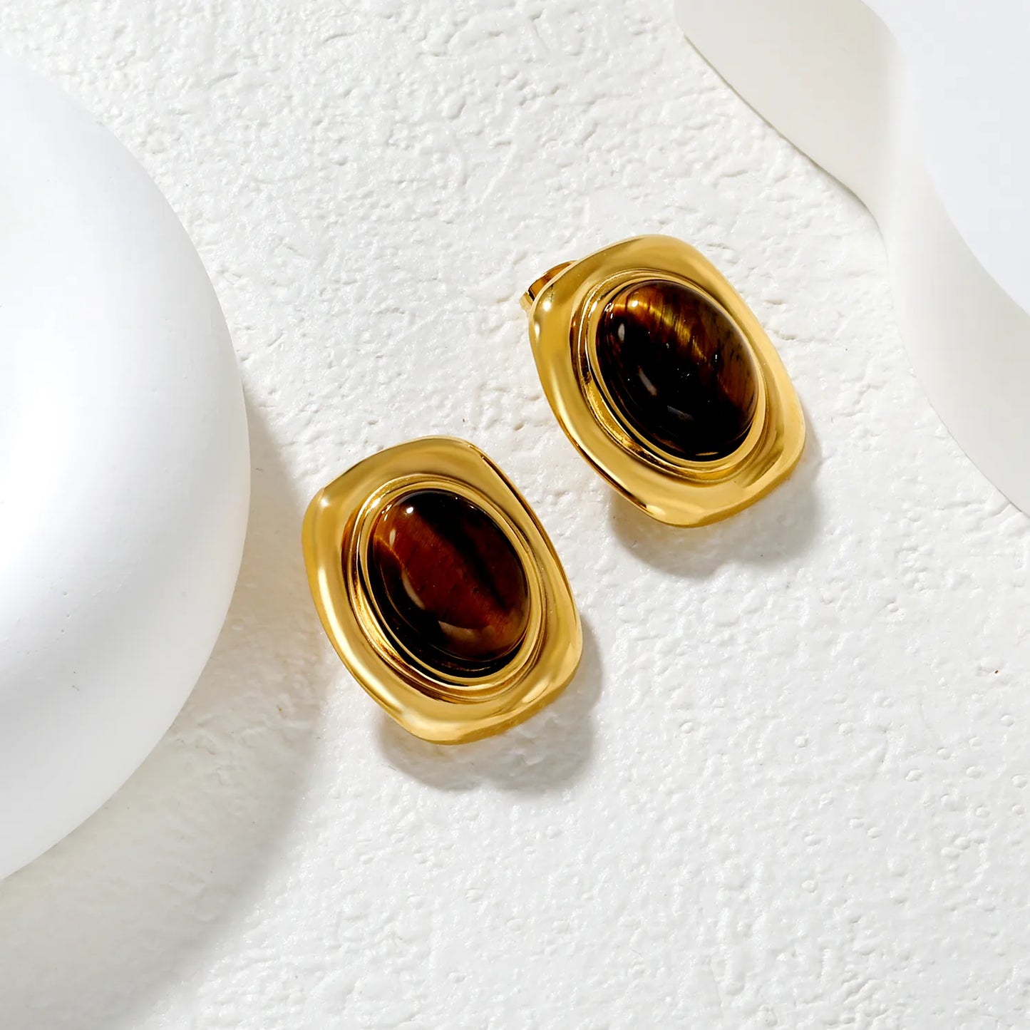✨ Wholesale Square Amber Stud Earrings | 21x25.1mm Large Gemstone Earrings | Gold Plated Stainless Steel Simple Elegant Jewelry