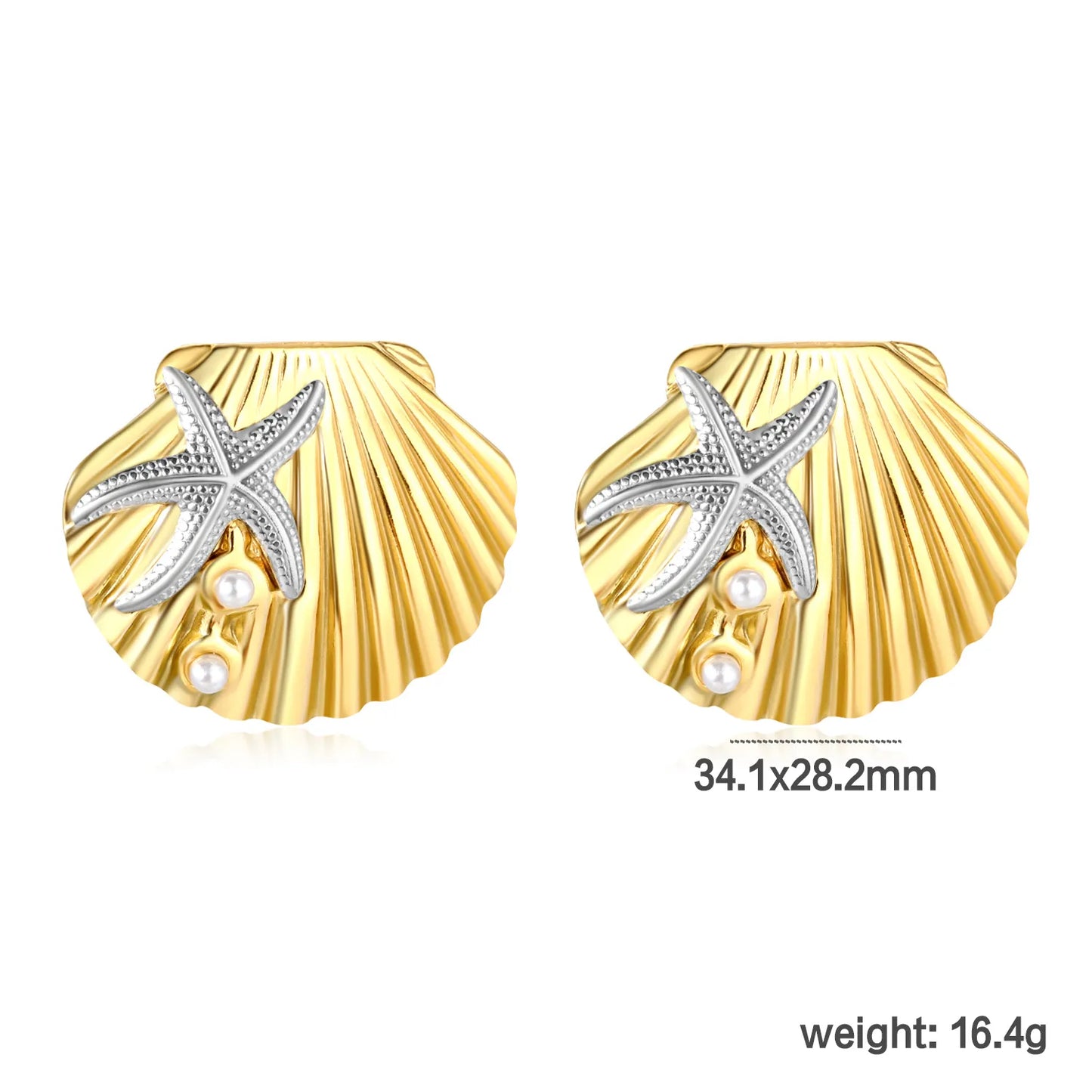 ✨ Wholesale Shell and Starfish Earrings | 34.1x28.2mm Nautical Design | Gold Plated Stainless Steel with Pearl Accent | Summer Beach Jewelry