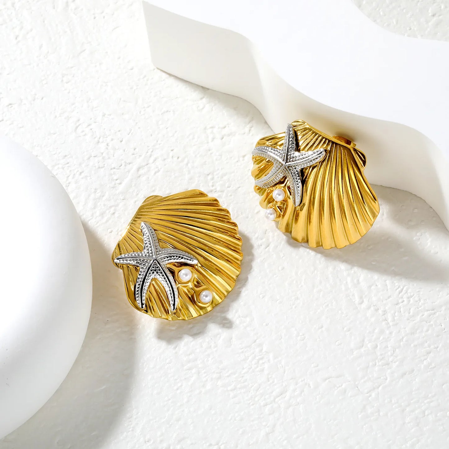 ✨ Wholesale Shell and Starfish Earrings | 34.1x28.2mm Nautical Design | Gold Plated Stainless Steel with Pearl Accent | Summer Beach Jewelry
