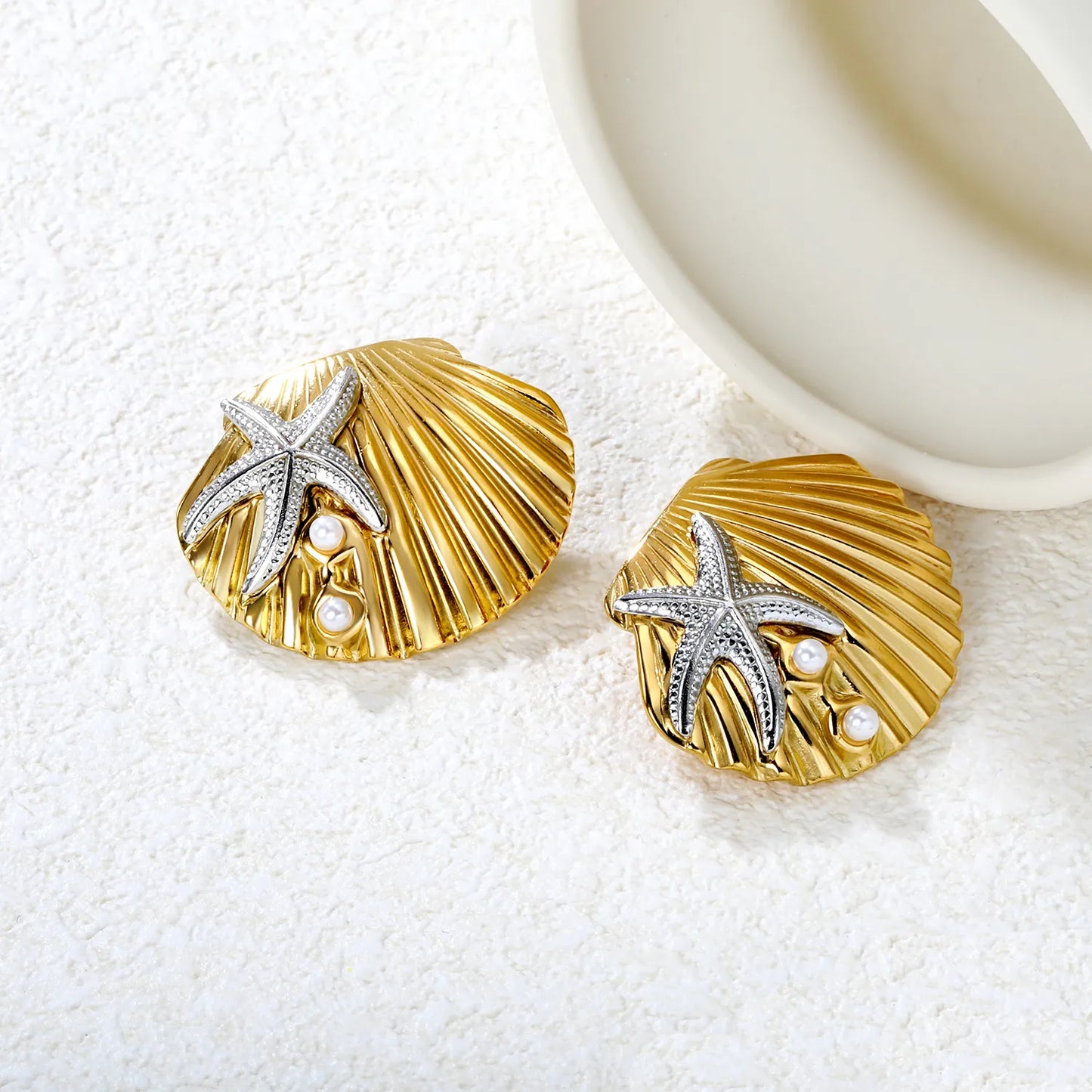 ✨ Wholesale Shell and Starfish Earrings | 34.1x28.2mm Nautical Design | Gold Plated Stainless Steel with Pearl Accent | Summer Beach Jewelry