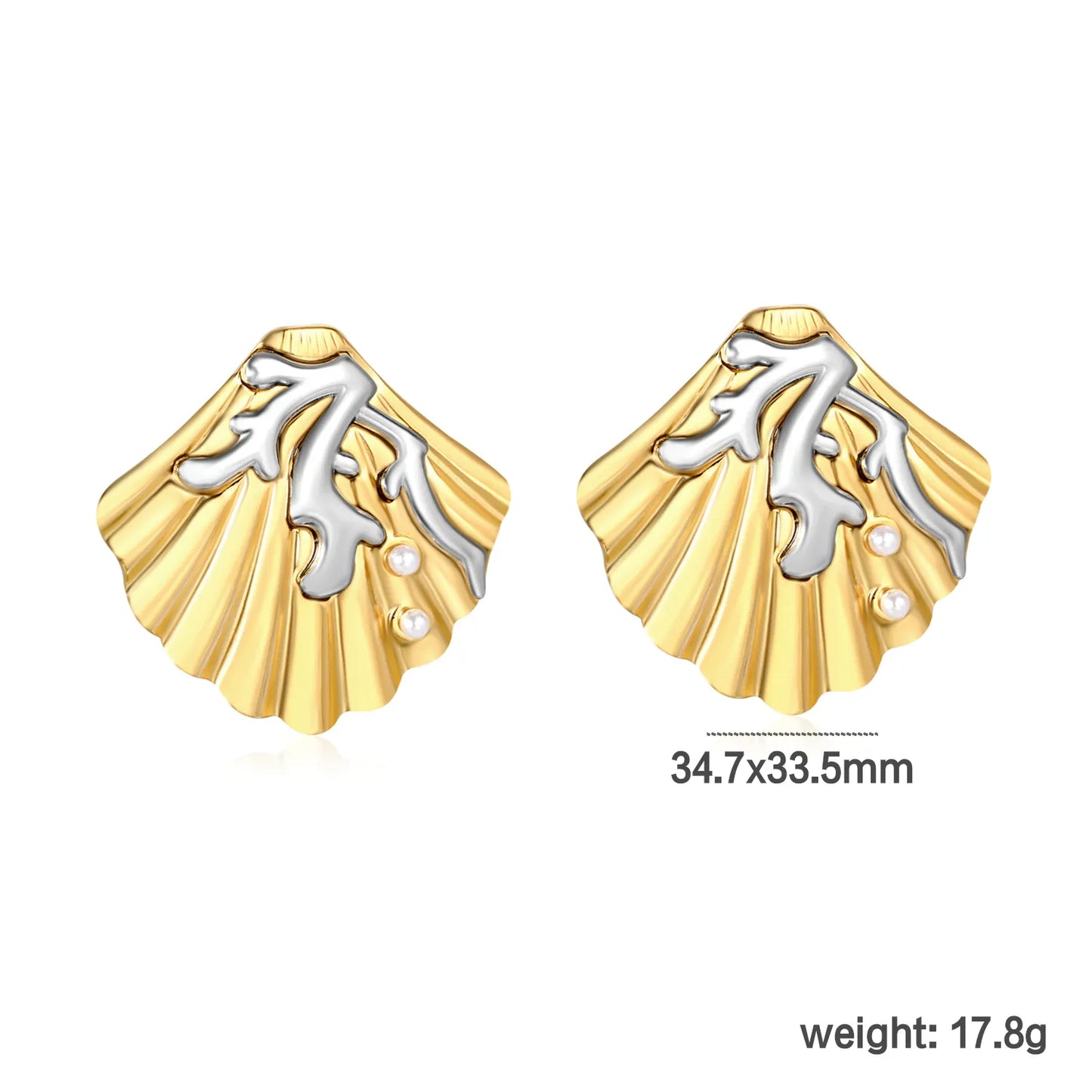✨ Wholesale Shell and Seaweed Stud Earrings | 34.7x33.5mm Marine Design | Gold Plated Stainless Steel with Pearl | Summer Beach Jewelry Bulk