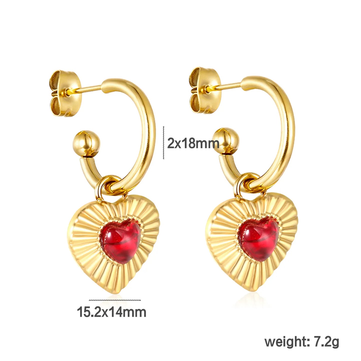 ✨ Wholesale Heart Huggie Earrings | 2x18mm C-Shape Hoop with 15.2x14mm Red Gem Heart | Gold Plated Stainless Steel | Romantic Dangle Earrings