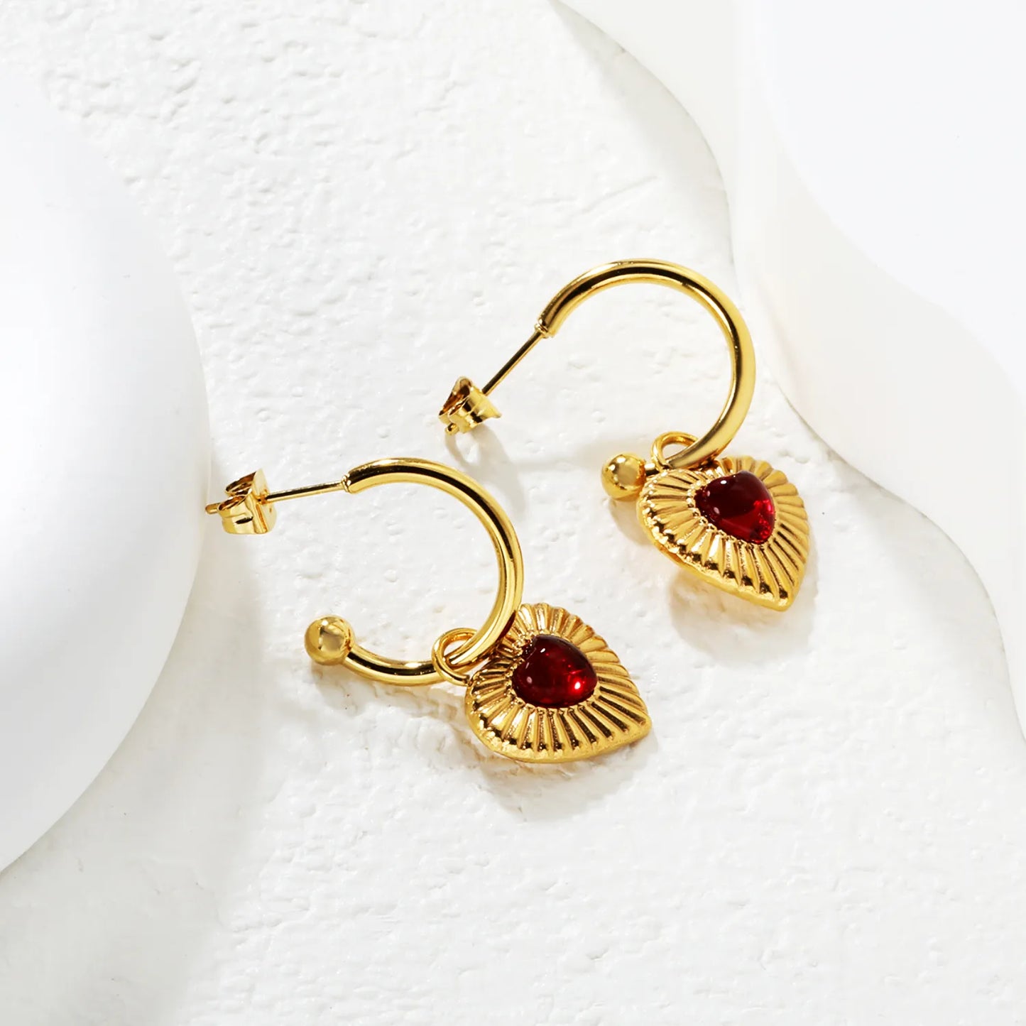 ✨ Wholesale Heart Huggie Earrings | 2x18mm C-Shape Hoop with 15.2x14mm Red Gem Heart | Gold Plated Stainless Steel | Romantic Dangle Earrings