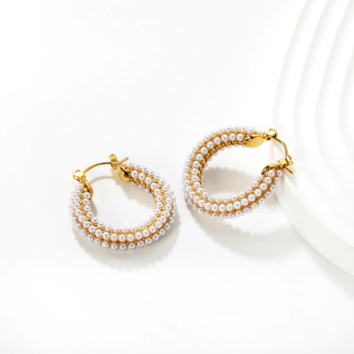 ✨ Wholesale Gold U-Shape Earrings with Pearl | 26x24mm Elegant Design, 8g Lightweight, Hypoallergenic Dangle Earrings Bulk