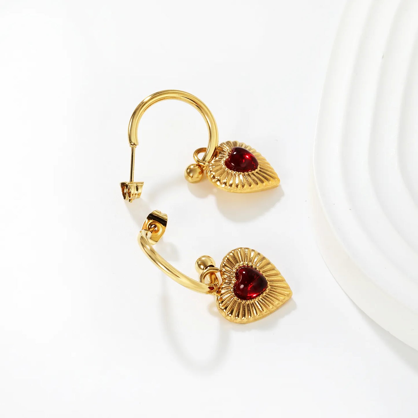 ✨ Wholesale Heart Huggie Earrings | 2x18mm C-Shape Hoop with 15.2x14mm Red Gem Heart | Gold Plated Stainless Steel | Romantic Dangle Earrings