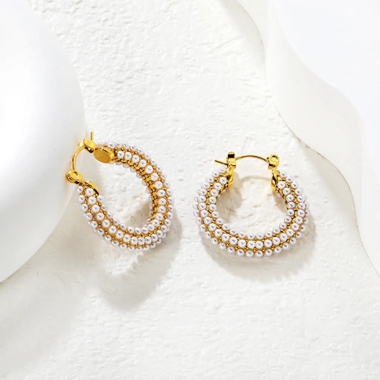 ✨ Wholesale Gold U-Shape Earrings with Pearl | 26x24mm Elegant Design, 8g Lightweight, Hypoallergenic Dangle Earrings Bulk