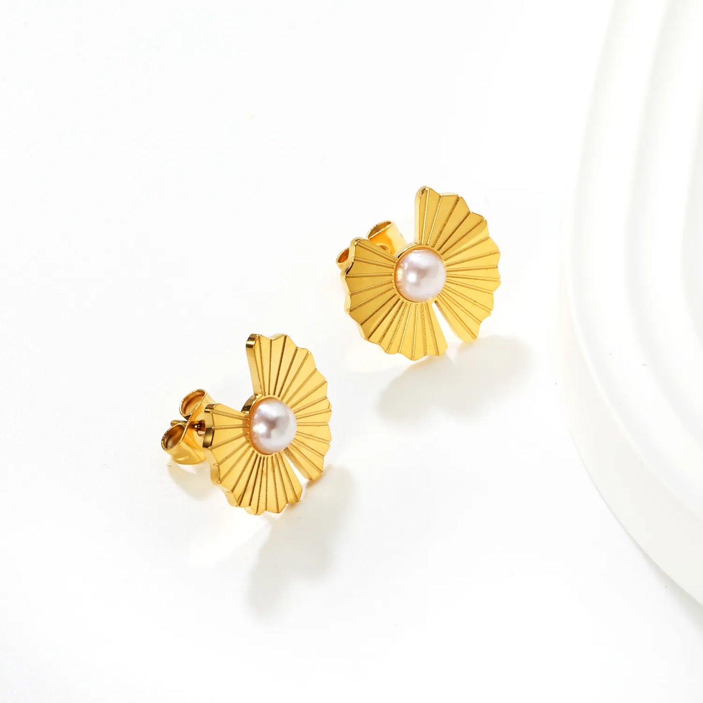 ✨ Wholesale Butterfly Wing Stud Earrings | 15.2x15.8mm Wing Design with Simulated Pearl | Gold Plated Stainless Steel | Delicate Nature Jewelry