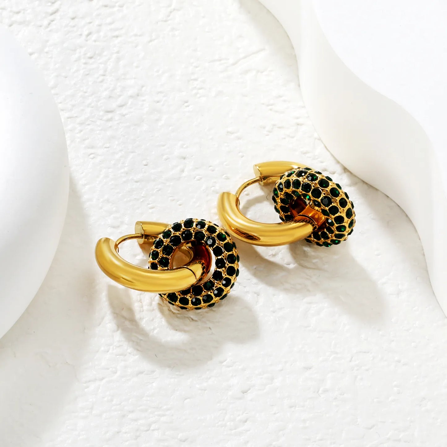 ✨ Wholesale Donut Huggie Earrings | 15.5mm Zircon Donut Hoops | White or Emerald Green Zirconia | 4x20mm Inner Huggie Stainless Steel Earrings