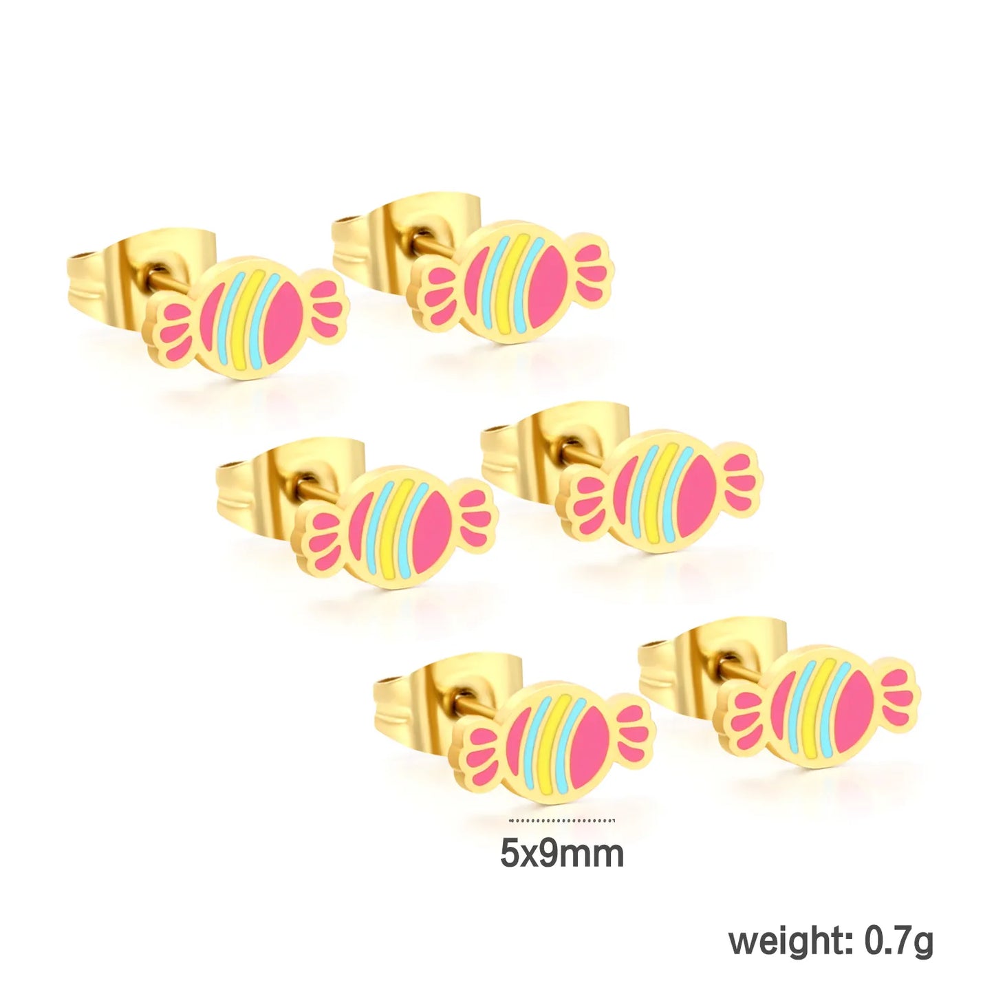 🍬 Wholesale Gold Candy Stud Earrings 3-Pair Set | 5x9mm Sweet Design, Hypoallergenic Fun Jewelry Bulk