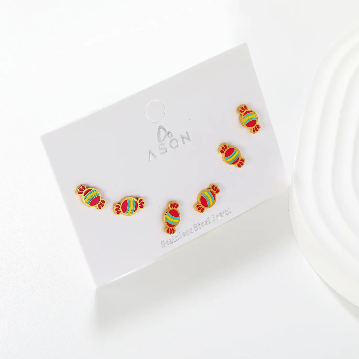 🍬 Wholesale Gold Candy Stud Earrings 3-Pair Set | 5x9mm Sweet Design, Hypoallergenic Fun Jewelry Bulk