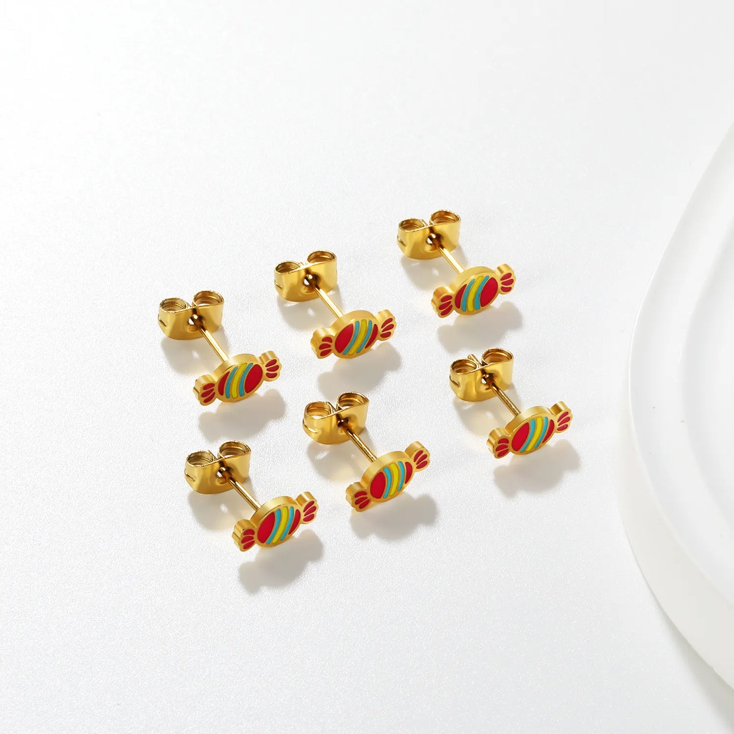 🍬 Wholesale Gold Candy Stud Earrings 3-Pair Set | 5x9mm Sweet Design, Hypoallergenic Fun Jewelry Bulk