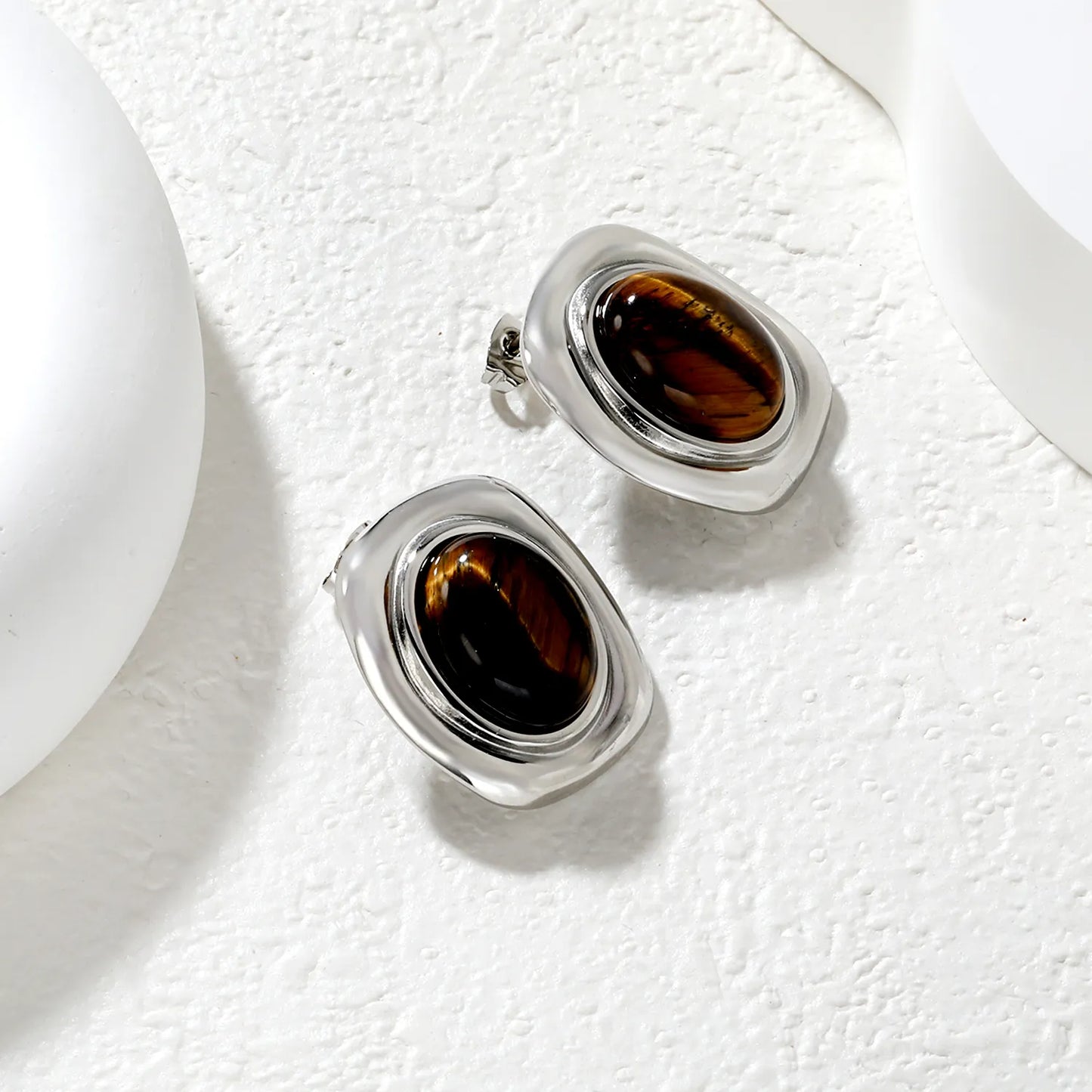 ✨ Wholesale Square Amber Stud Earrings | 21x25.1mm Large Gemstone Earrings | Gold Plated Stainless Steel Simple Elegant Jewelry