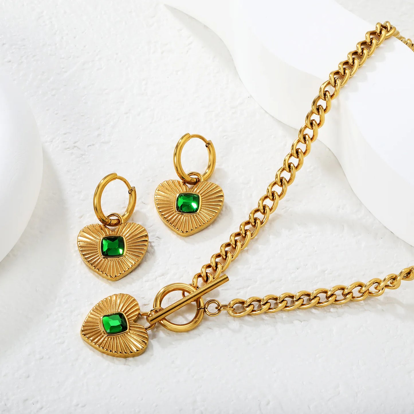 Wholesale Heart Shape Jewelry Set | Square White/Black/Green Zircon | 18x16mm Earrings & Pendant | 43cm Gold Chain ✨