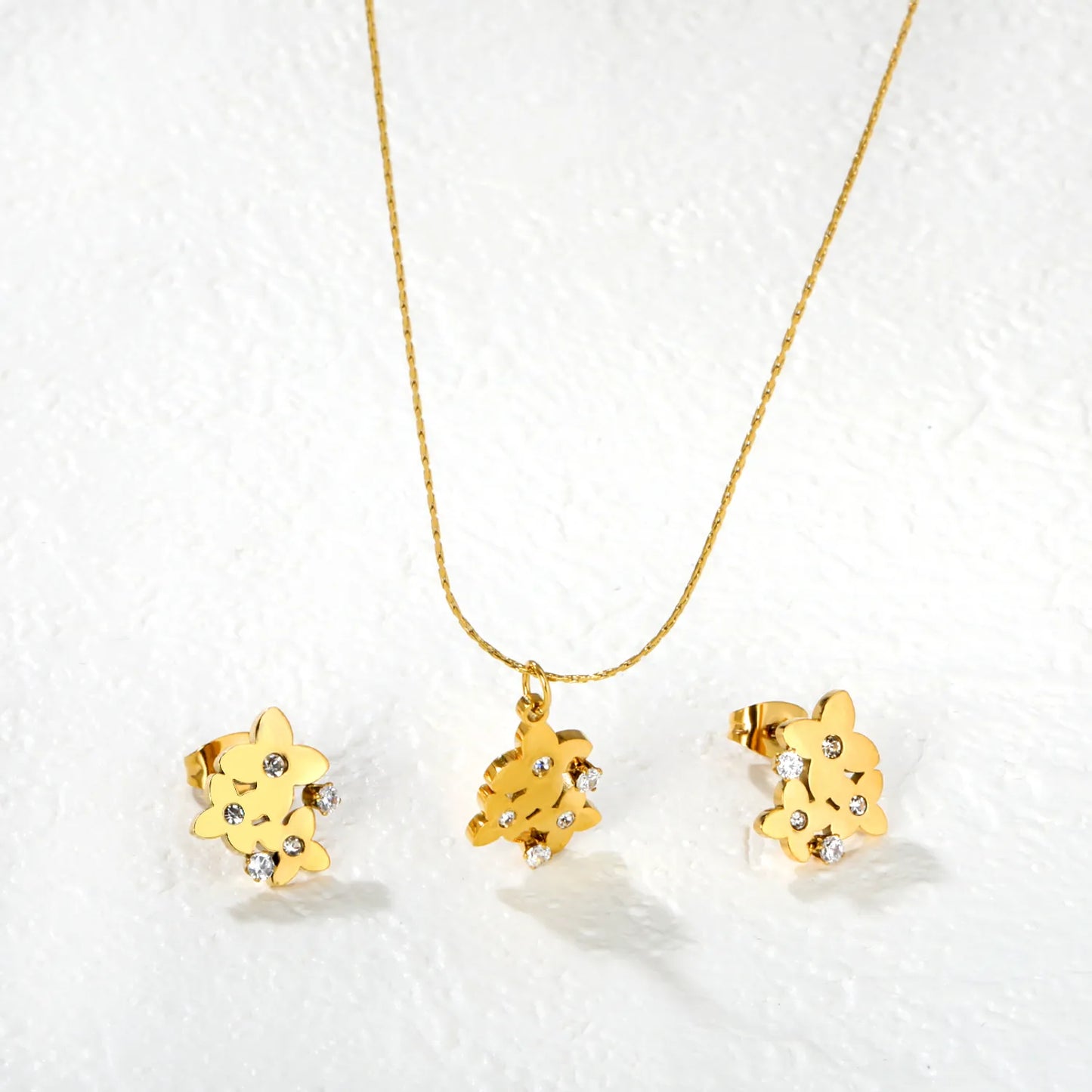✨🌸 Floral Cross Jewelry Set in Gold | Wholesale Dainty White Zircon Earring & Pendant Set