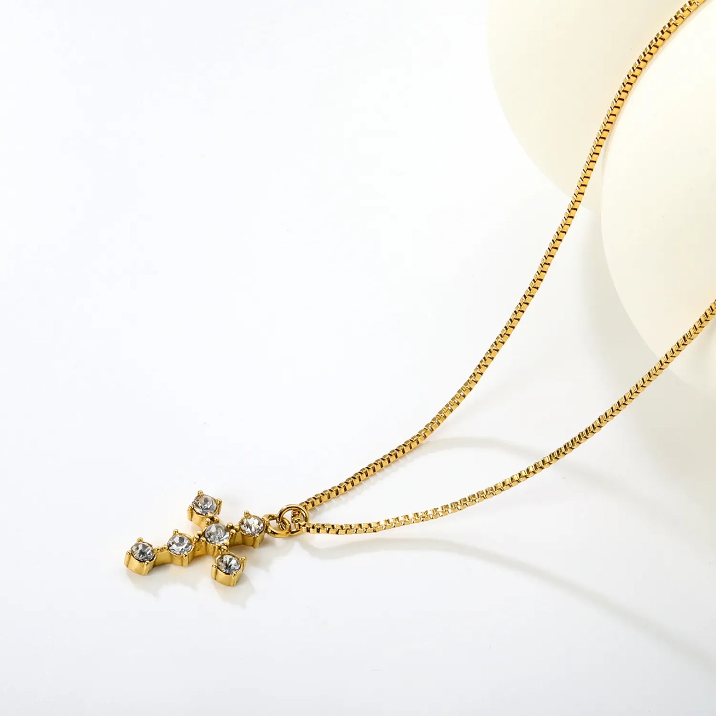 Wholesale 14x19mm Cross Pendant with 7 White Zirconia | 1.0mm Box Chain 40+5cm | Gold Stainless Steel Necklace Set