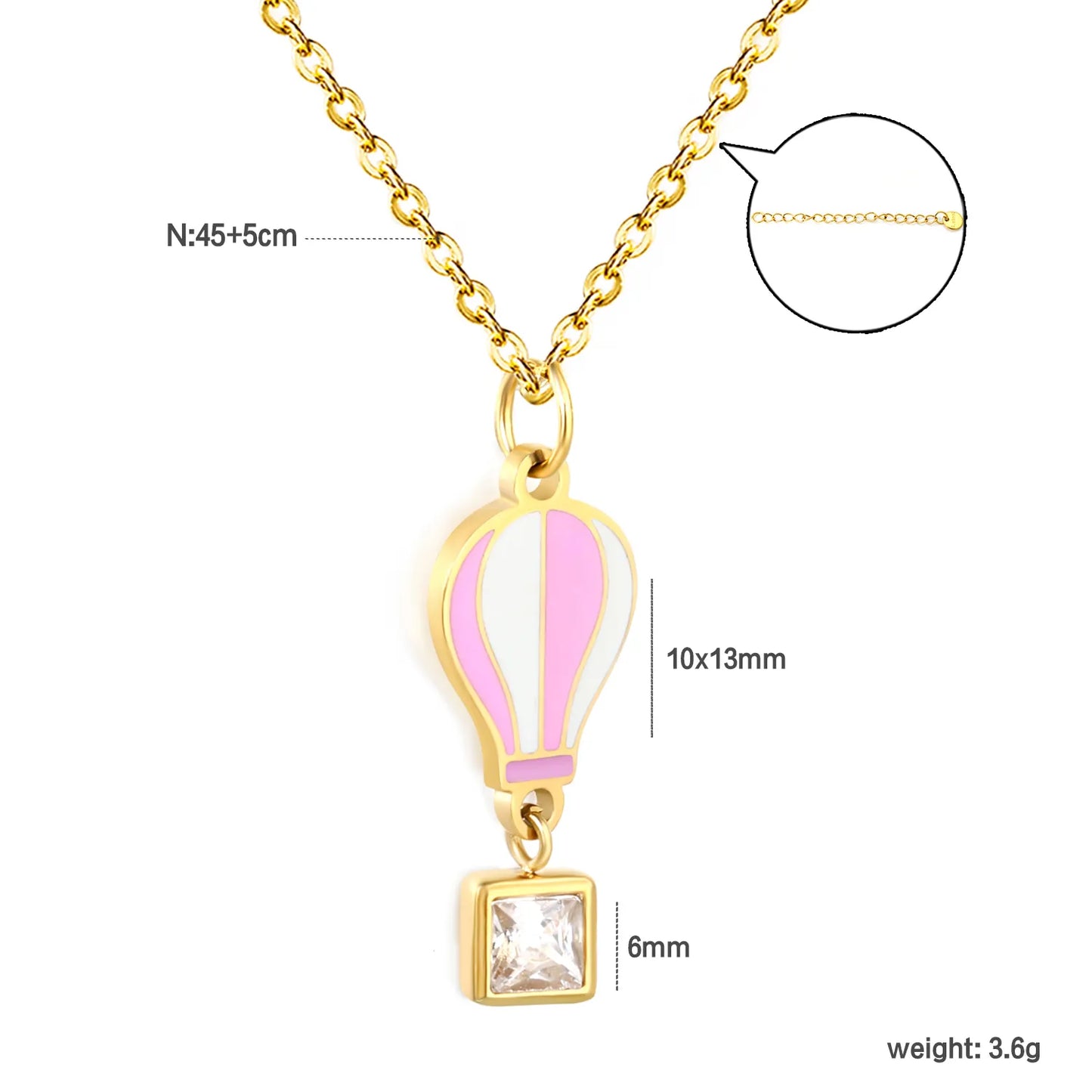 ✨ Wholesale Gold Stainless Steel Hot Air Balloon Necklace | 10x13mm Pendant with 6mm Square Zircon, 0.3mm Cross Chain 45+5cm + Round Tag