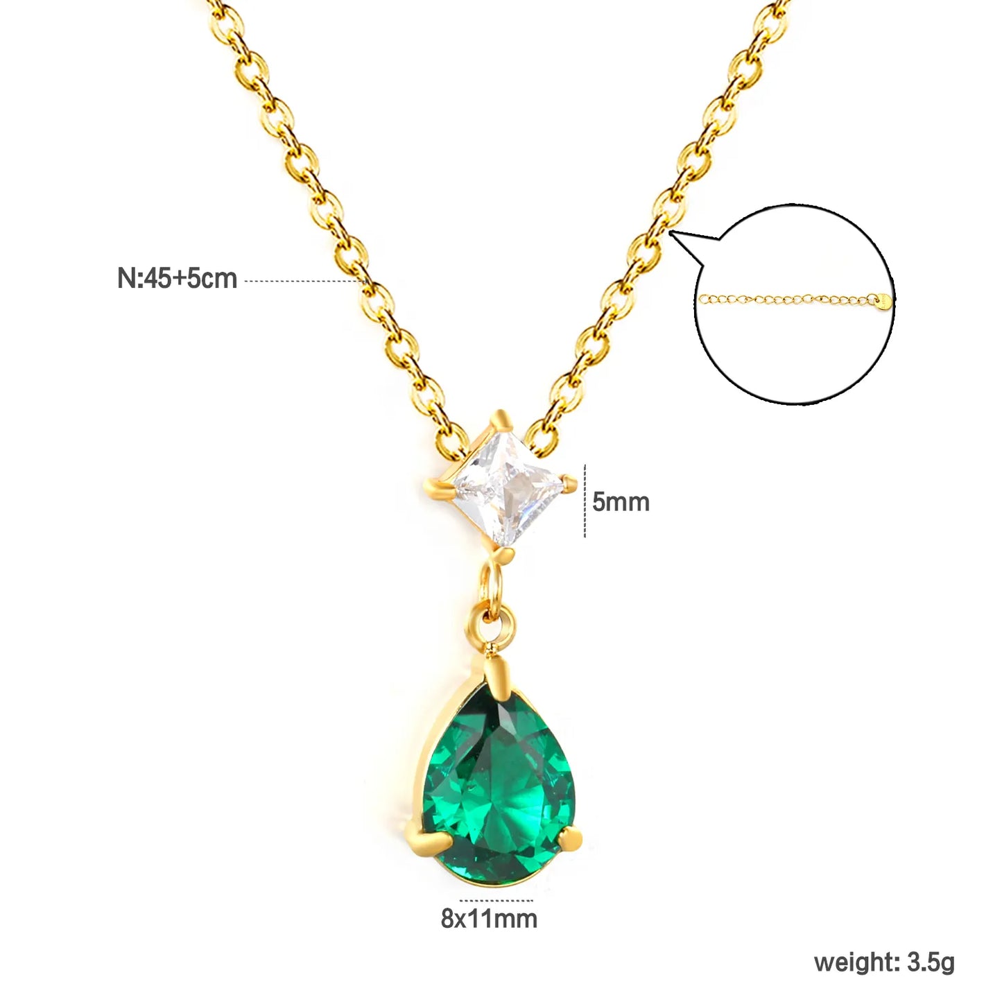 ✨ Wholesale Blue/Emerald Zircon Necklace | Teardrop and Square Double Stone Pendant | 45+5cm Adjustable Gold Chain | Hypoallergenic Statement Necklace