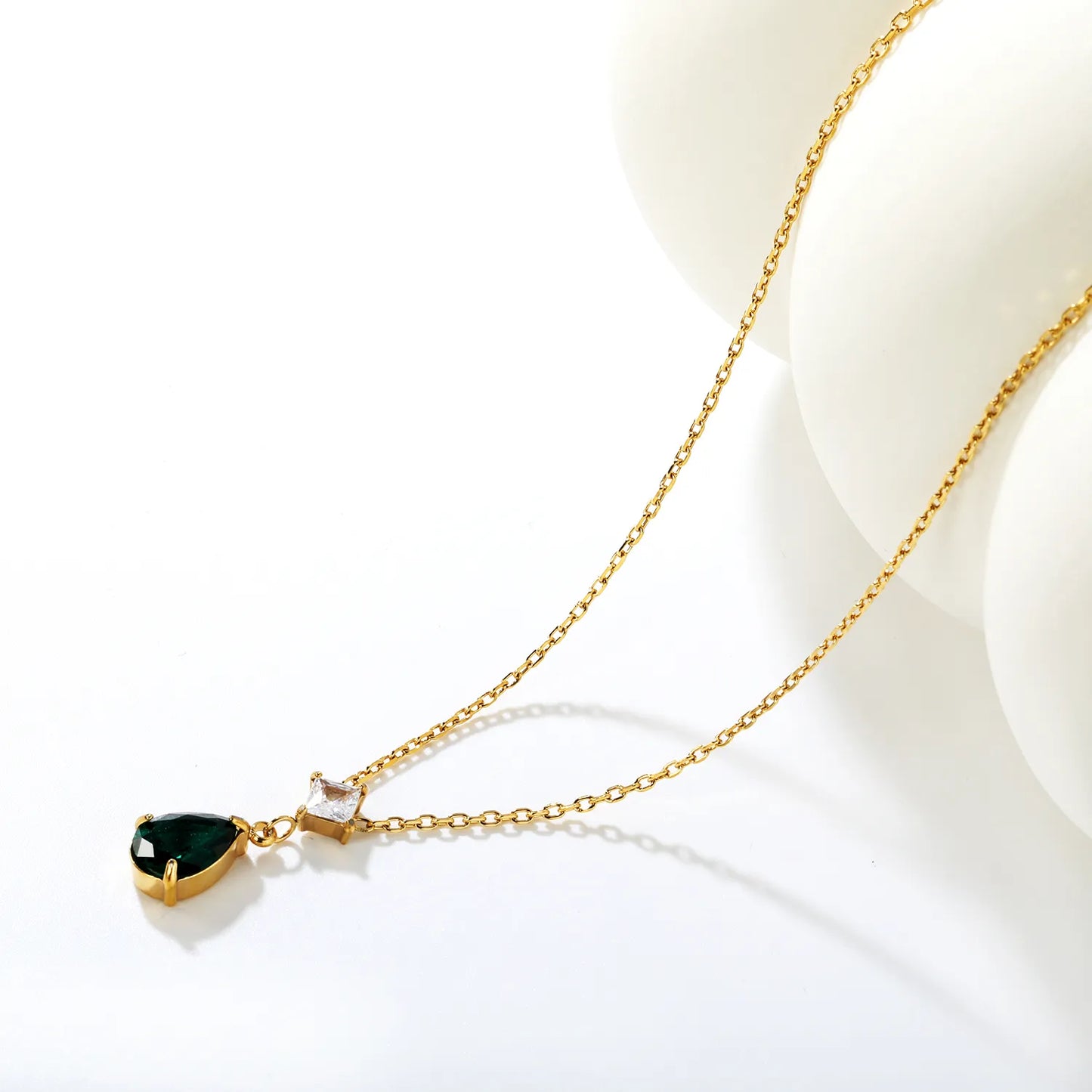 ✨ Wholesale Blue/Emerald Zircon Necklace | Teardrop and Square Double Stone Pendant | 45+5cm Adjustable Gold Chain | Hypoallergenic Statement Necklace