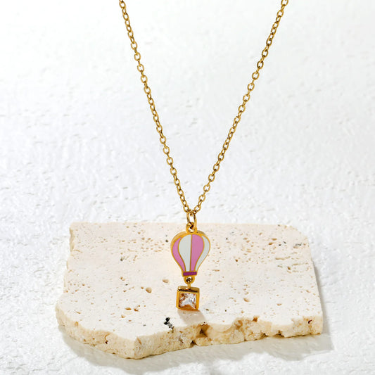 ✨ Wholesale Gold Stainless Steel Hot Air Balloon Necklace | 10x13mm Pendant with 6mm Square Zircon, 0.3mm Cross Chain 45+5cm + Round Tag