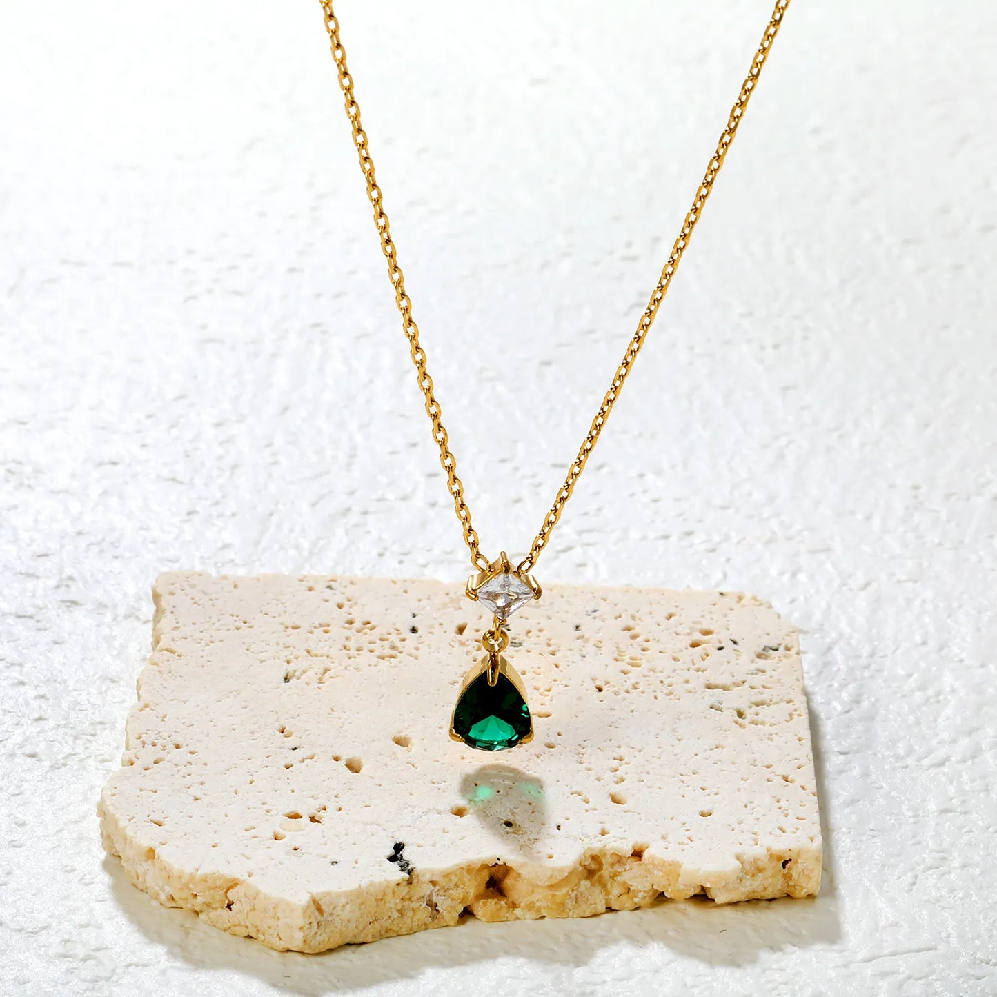 ✨ Wholesale Blue/Emerald Zircon Necklace | Teardrop and Square Double Stone Pendant | 45+5cm Adjustable Gold Chain | Hypoallergenic Statement Necklace