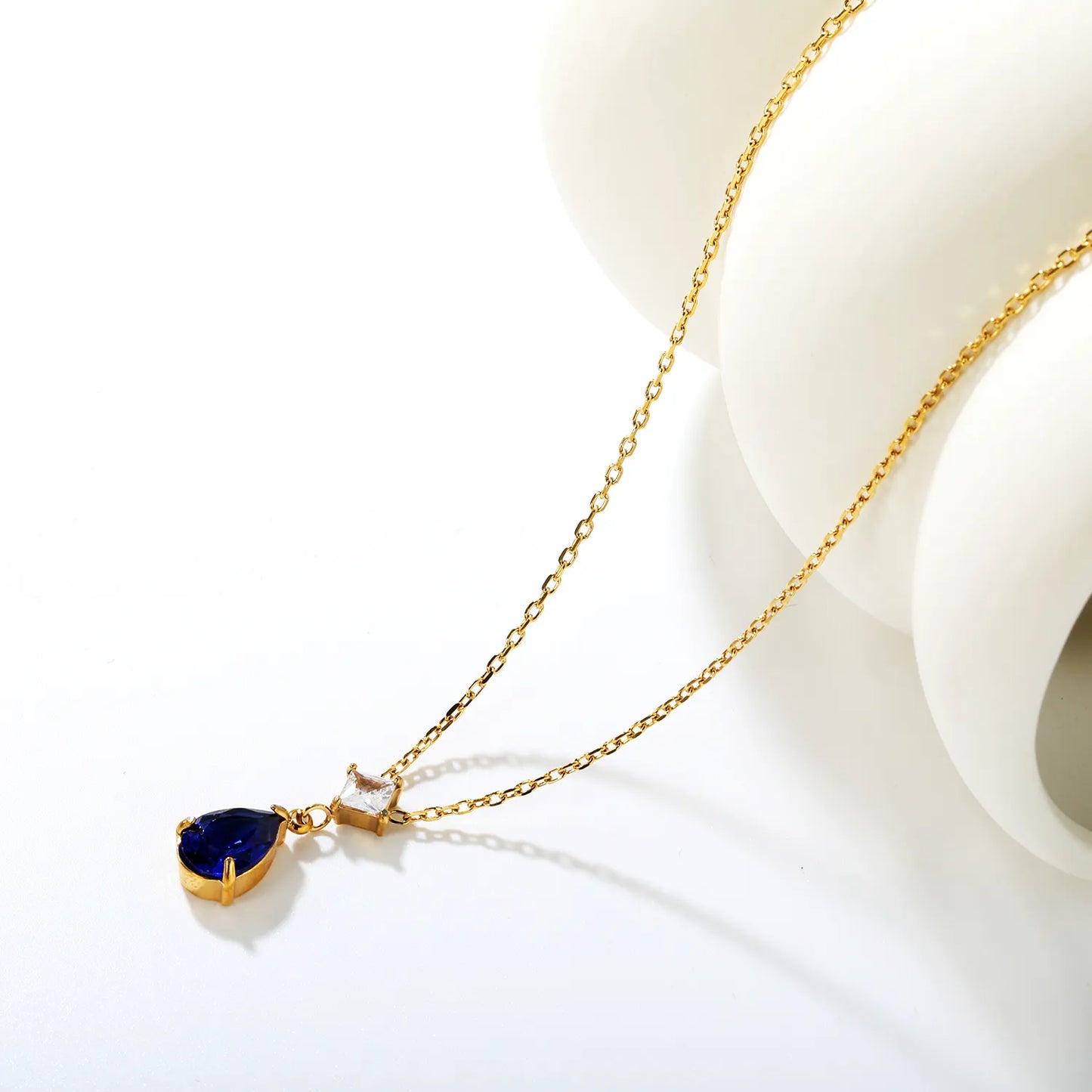 ✨ Wholesale Blue/Emerald Zircon Necklace | Teardrop and Square Double Stone Pendant | 45+5cm Adjustable Gold Chain | Hypoallergenic Statement Necklace