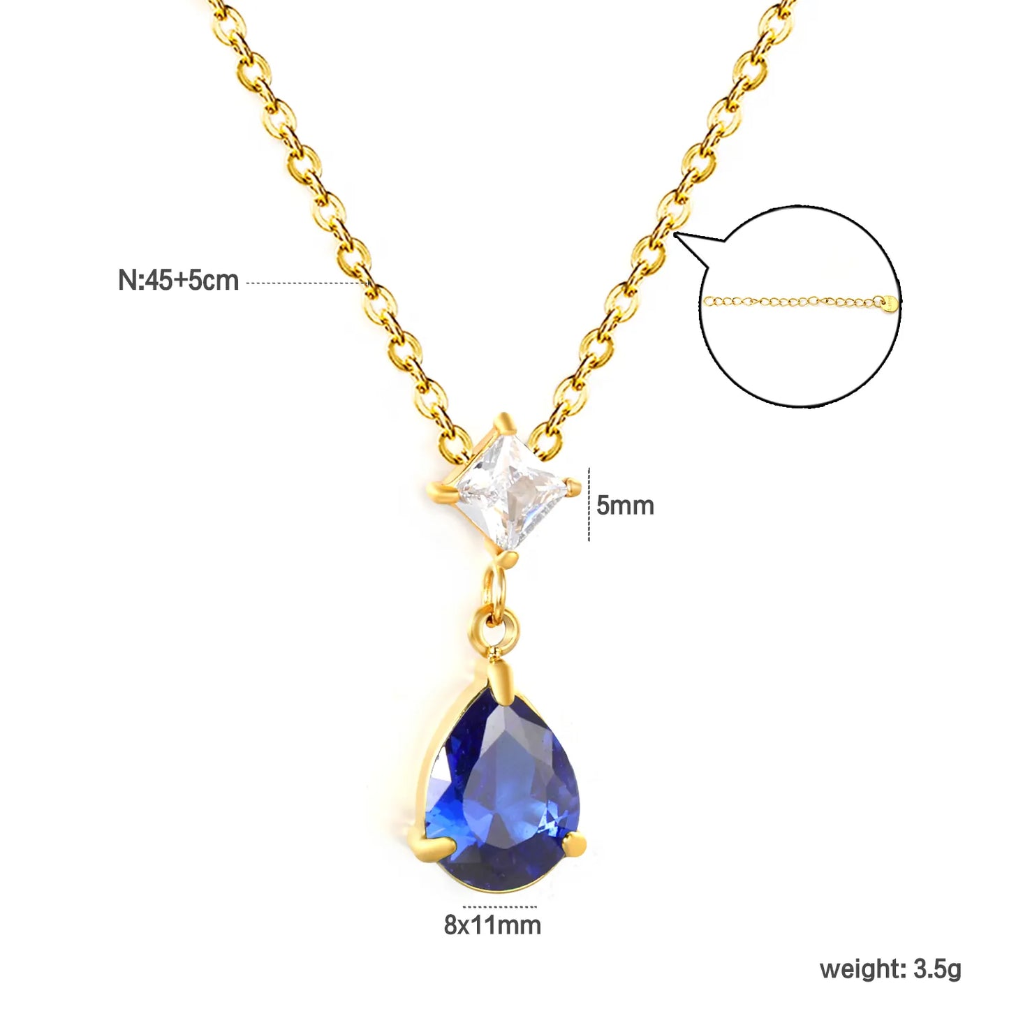 ✨ Wholesale Blue/Emerald Zircon Necklace | Teardrop and Square Double Stone Pendant | 45+5cm Adjustable Gold Chain | Hypoallergenic Statement Necklace