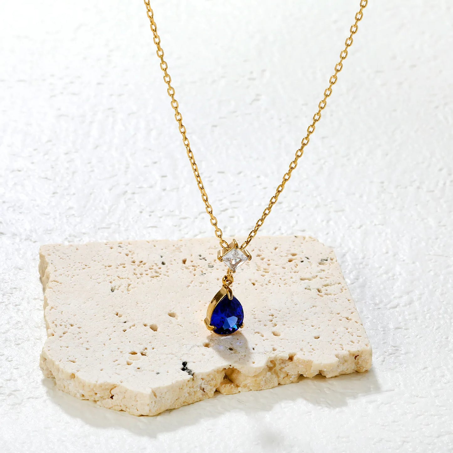 ✨ Wholesale Blue/Emerald Zircon Necklace | Teardrop and Square Double Stone Pendant | 45+5cm Adjustable Gold Chain | Hypoallergenic Statement Necklace