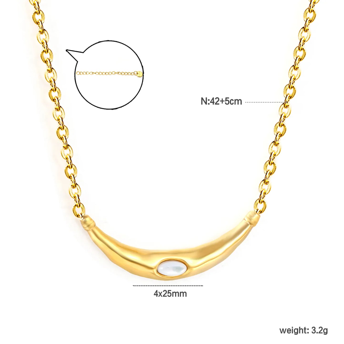 ✨ Wholesale Gold Stainless Steel Banana Pendant Necklace | 4x25mm Pendant with White Gemstone, 0.3mm Cross Chain 42+5cm + 6mm Round Tag