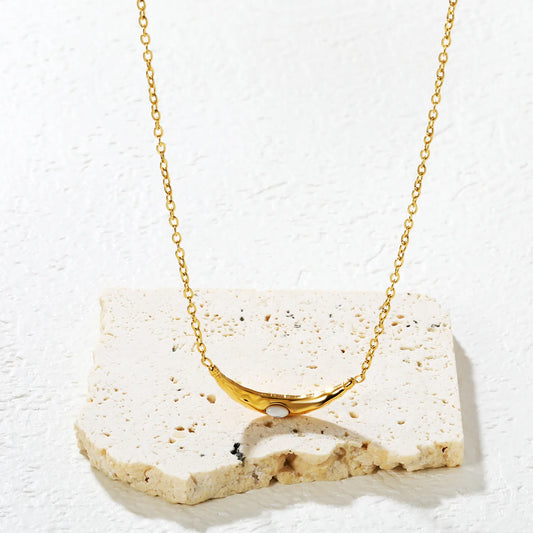 ✨ Wholesale Gold Stainless Steel Banana Pendant Necklace | 4x25mm Pendant with White Gemstone, 0.3mm Cross Chain 42+5cm + 6mm Round Tag