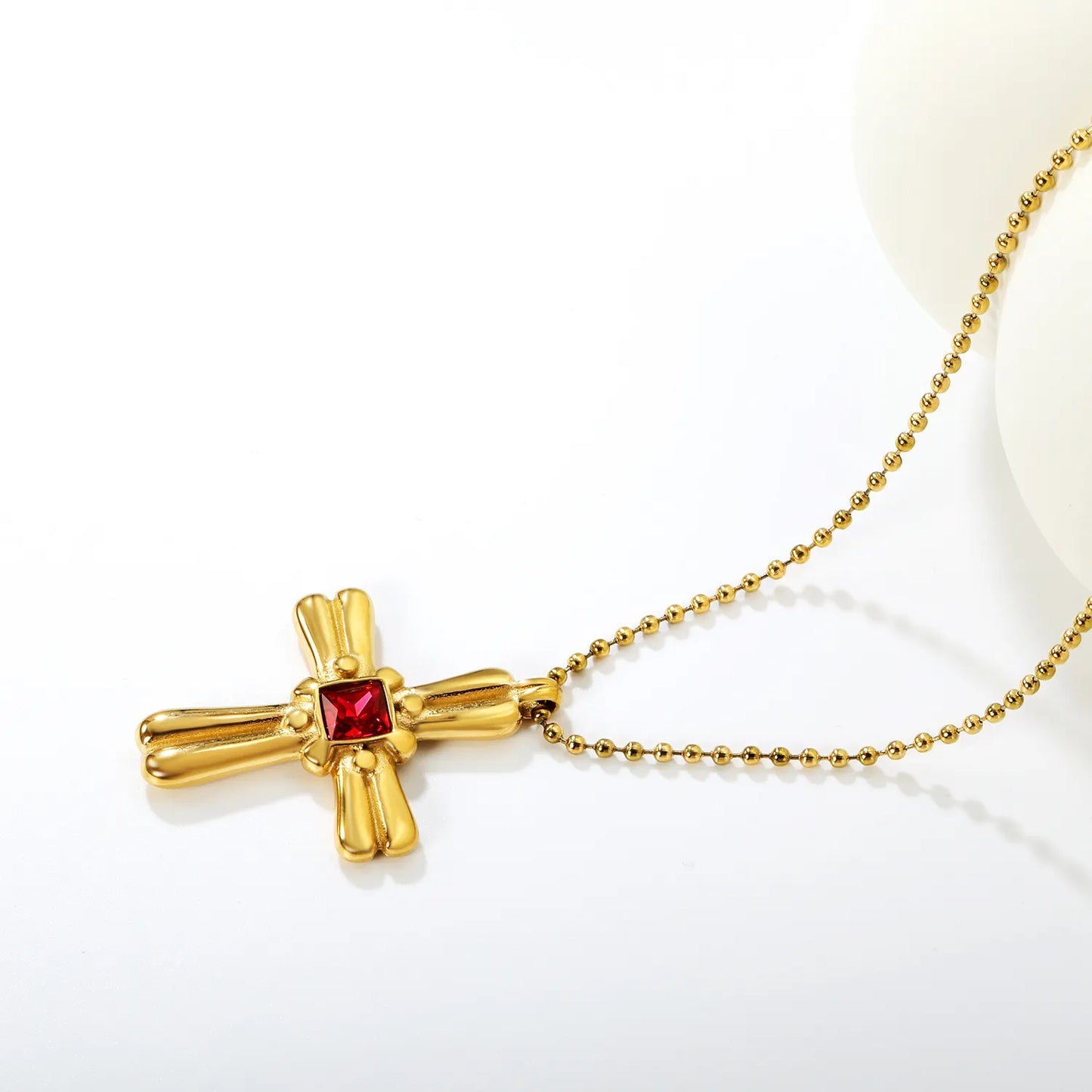✨ Wholesale 18k gold plated 31x42mm Red Zircon Cross Pendant Necklace | 3mm Gold Bead Chain 50+5cm Statement Jewelry