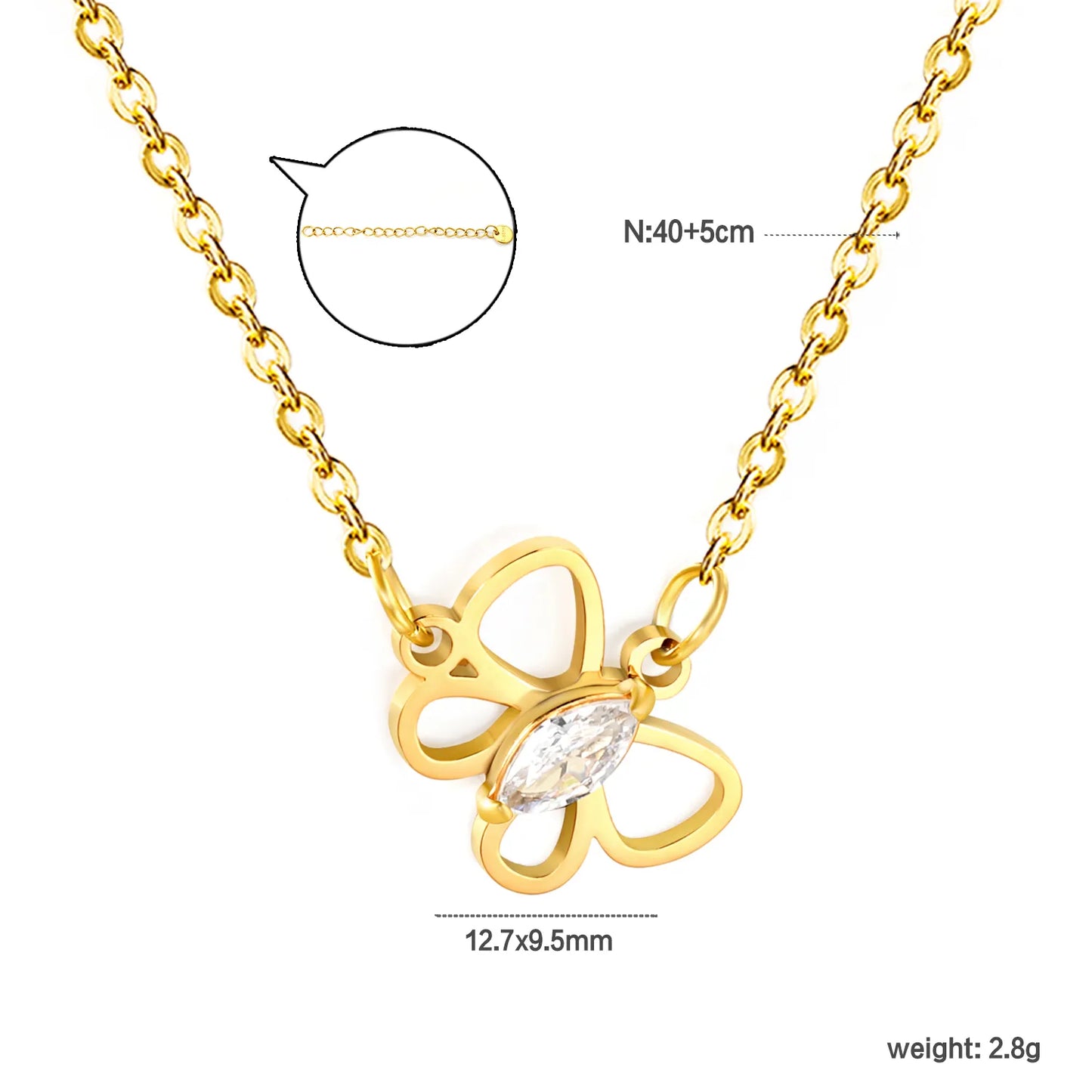 ✨🦋 Gold Butterfly Pendant Necklace with White Zircon | 12.7x9.5mm镂空 Butterfly & Rhombus Zirconia | 40+5cm Adjustable Chain | Stainless Steel Wholesale Jewelry