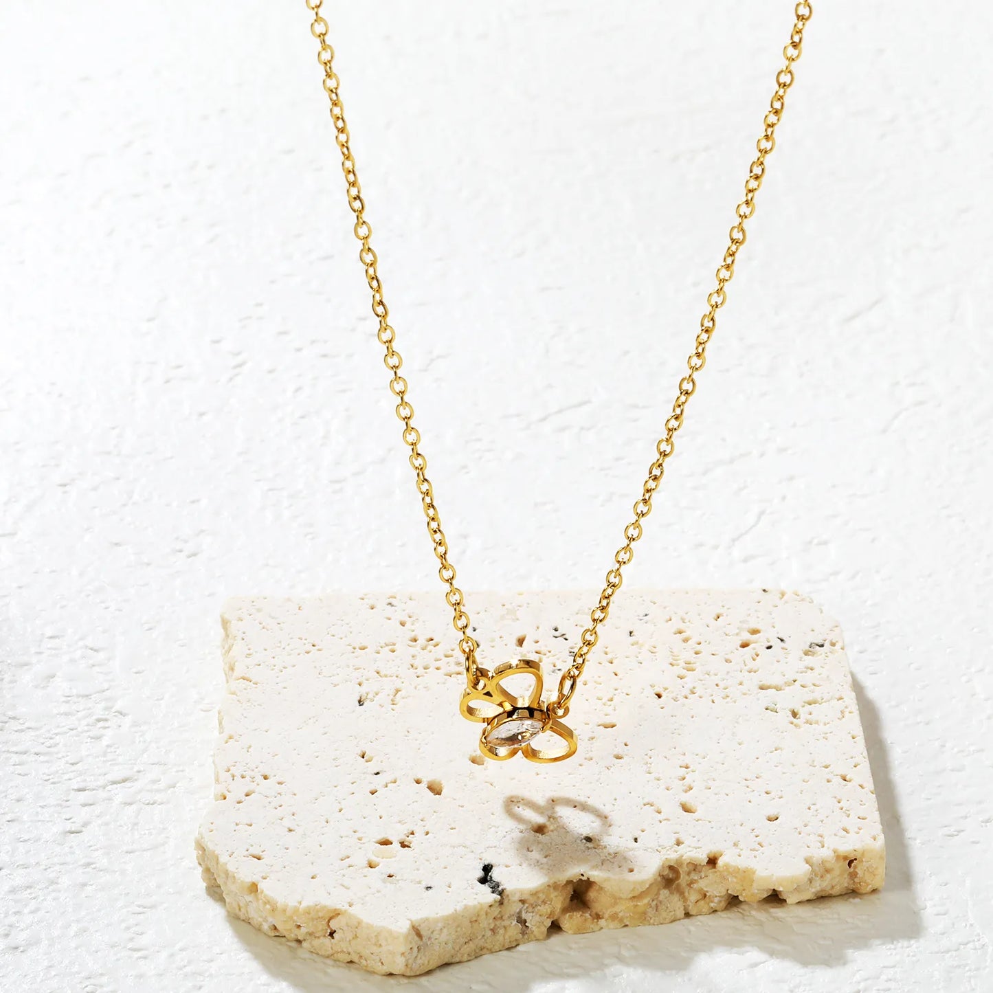 ✨🦋 Gold Butterfly Pendant Necklace with White Zircon | 12.7x9.5mm镂空 Butterfly & Rhombus Zirconia | 40+5cm Adjustable Chain | Stainless Steel Wholesale Jewelry