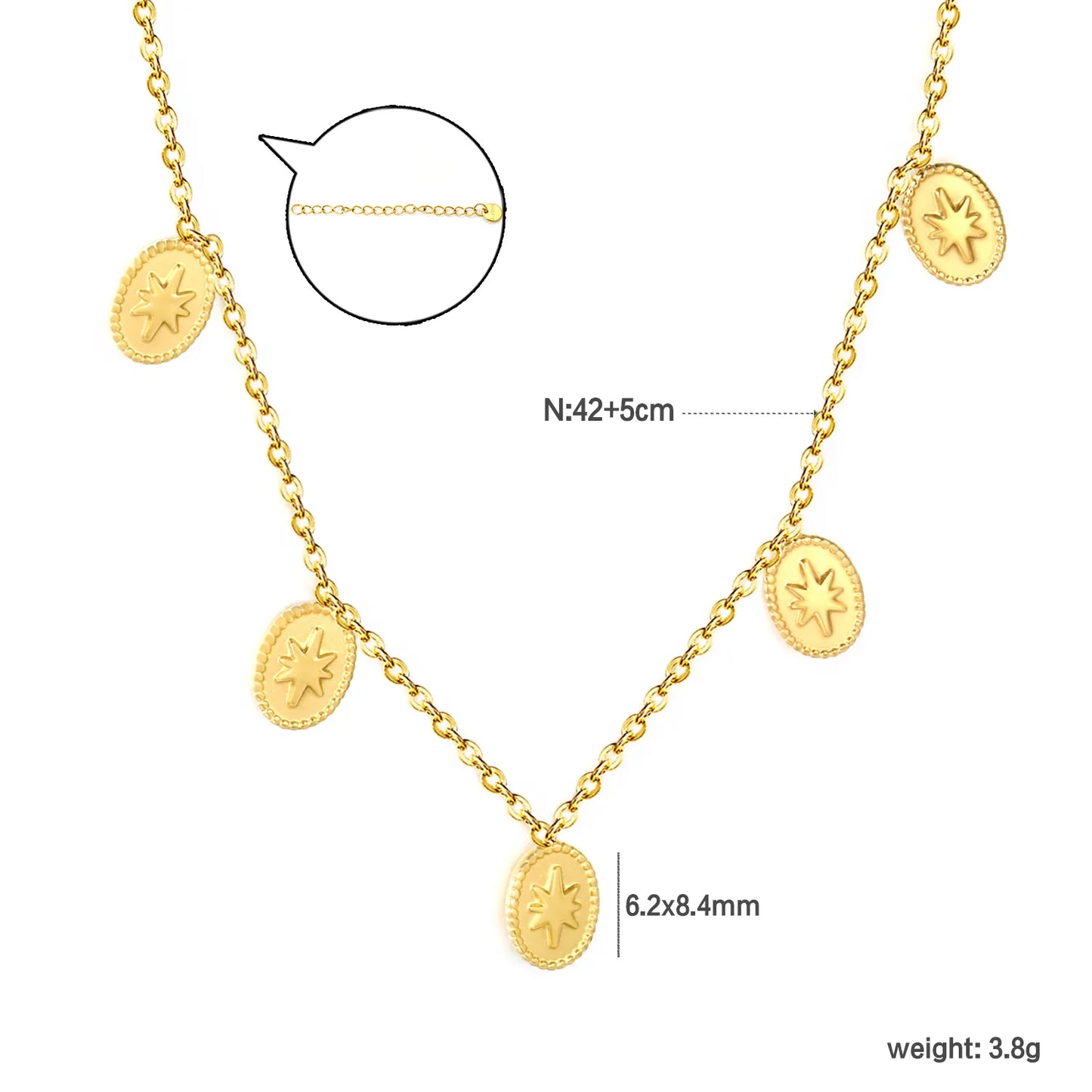 ✨ Wholesale Gold Stainless Steel Ellipse Charm Necklace | 6.2x8.4mm Oval Pendant, 0.3mm Cross Chain 42+5cm with 6mm Round Tag