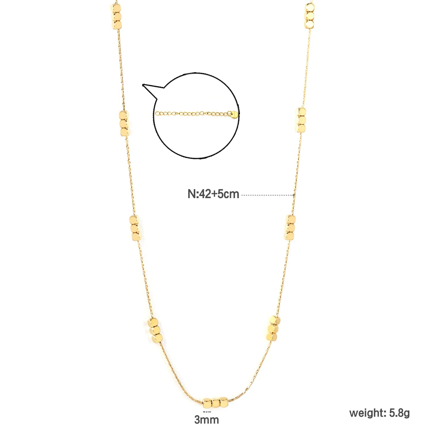 ✨ Wholesale Gold Stainless Steel Dice Charm Necklace | 3x3mm Cube Pendant, 0.3mm Cross Chain 42+5cm + 6mm Round Tag