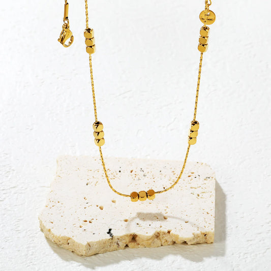 ✨ Wholesale Gold Stainless Steel Dice Charm Necklace | 3x3mm Cube Pendant, 0.3mm Cross Chain 42+5cm + 6mm Round Tag