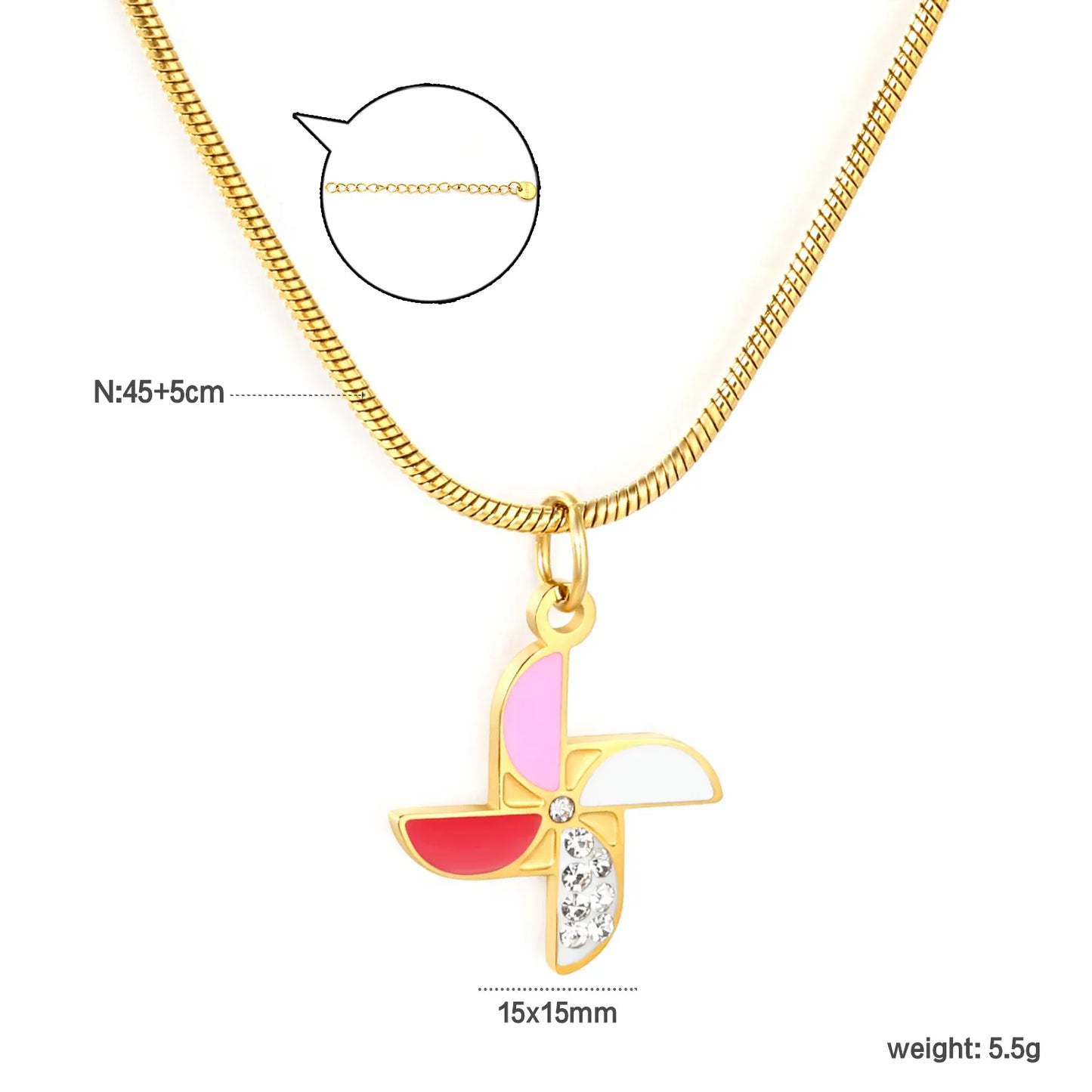 ✨ Wholesale Gold Stainless Steel Windmill Pendant Necklace | 15x15mm Pinwheel Charm with White Zirconia, 0.3mm Cross Chain 45+5cm + Round Tag